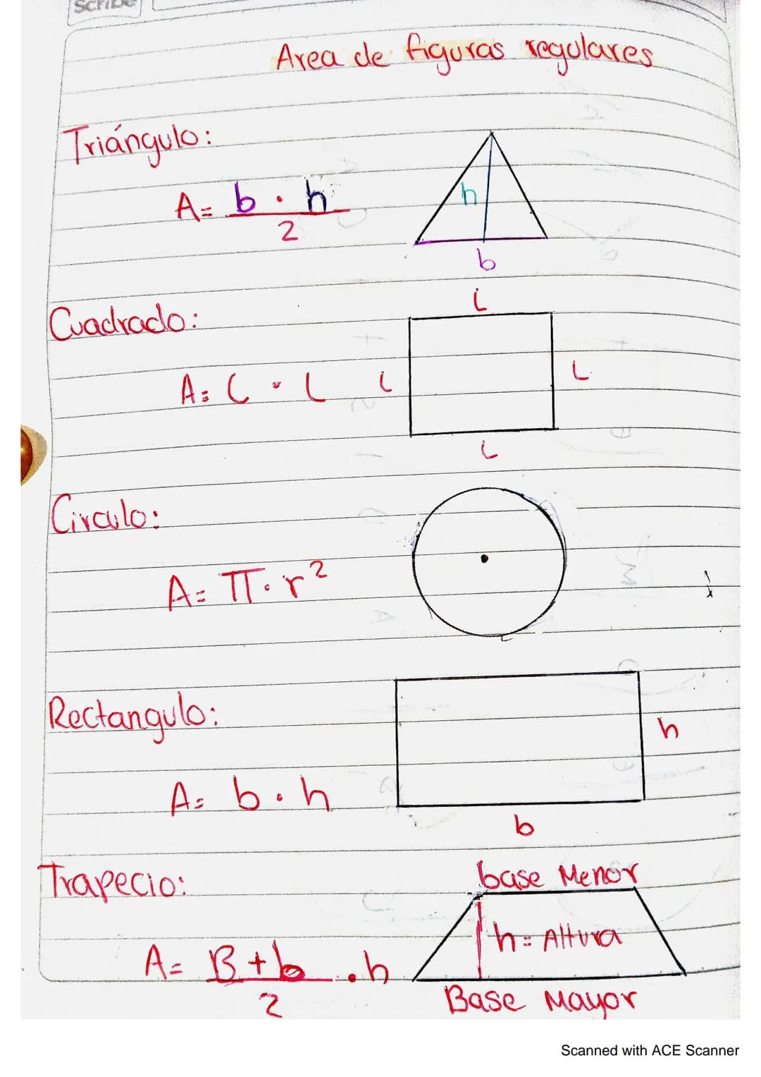 Triángulo:
Area de figuras regulares
A= b.h
Cuadrado:
2
A = C - L
し
A
b
L
L
Circulo:
A = πT= r²
Rectangulo:
A= b.h
b
Trapecio:
base Menor
A 