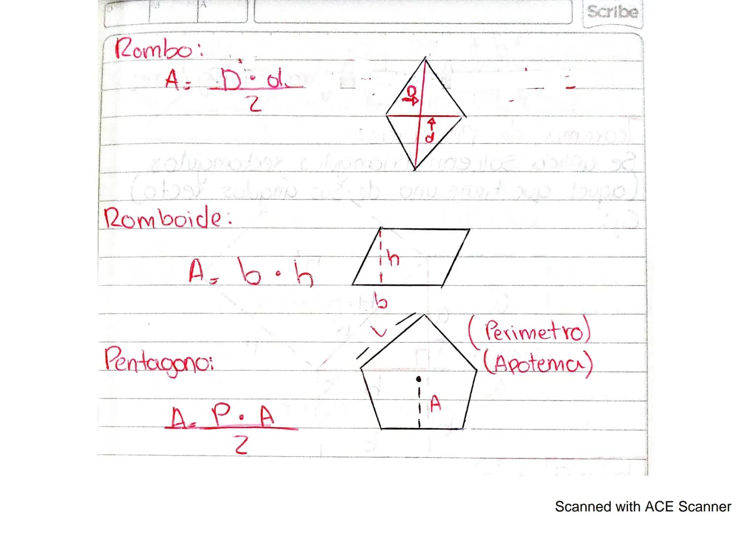 Triángulo:
Area de figuras regulares
A= b.h
Cuadrado:
2
A = C - L
し
A
b
L
L
Circulo:
A = πT= r²
Rectangulo:
A= b.h
b
Trapecio:
base Menor
A 