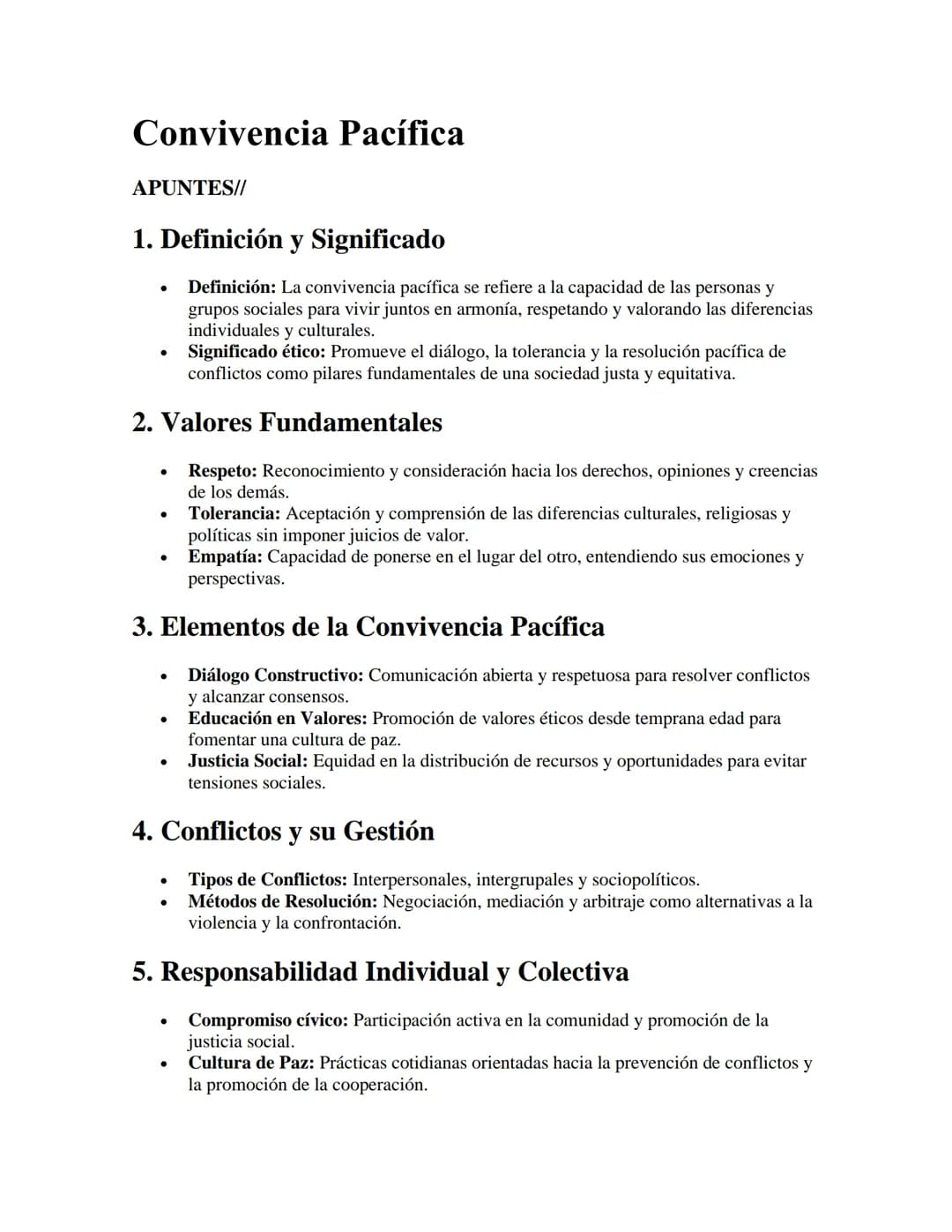 Convivencia Pacífica
APUNTES//
1. Definición y Significado
•
Definición: La convivencia pacífica se refiere a la capacidad de las personas y