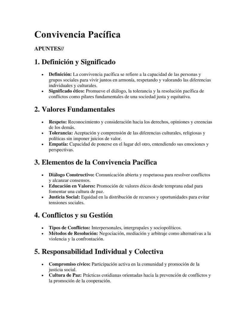 Convivencia Pacífica
APUNTES//
1. Definición y Significado
•
Definición: La convivencia pacífica se refiere a la capacidad de las personas y
