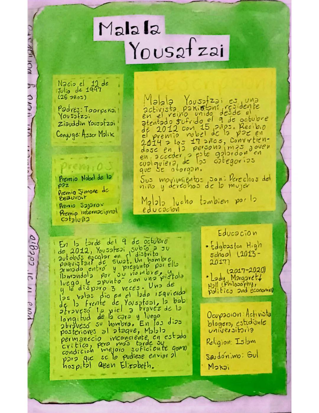 pora ir al colegio
Dalinato
Malala
Nacio el 12 de
Julio de 1997
(267005)
Padres: Toorpekai!
Yousafzai
Ziauddin Yousafzai
Conyuge Asser Malik