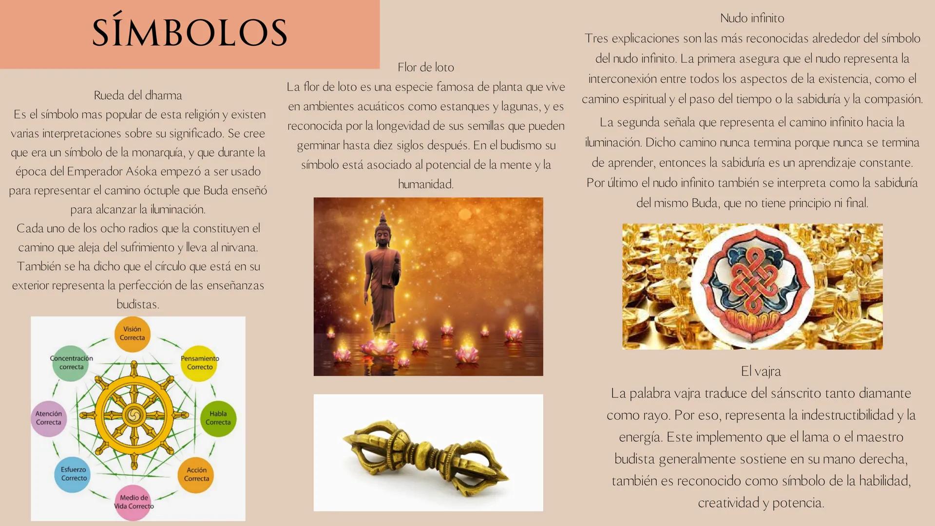 SÍMBOLOS
Rueda del dharma
Es el símbolo mas popular de esta religión y existen
varias interpretaciones sobre su significado. Se cree
que era