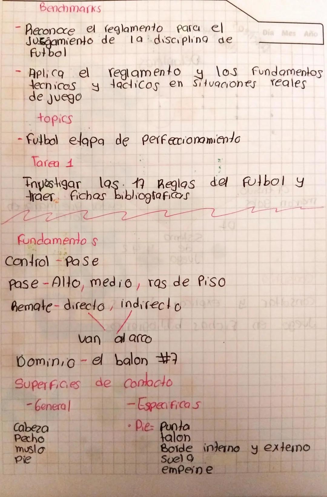 Benchmarks
- Reconoce el reglamento para el
  Jurgamiento de la discipling de
  Futbol

Dia Mes Año
- Aplica el reglamento y los fundamentos