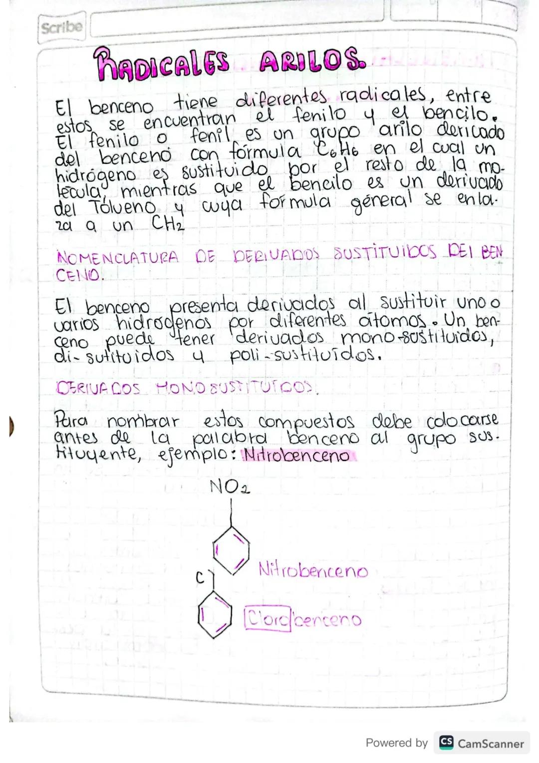 Scribe

# RADICALES ARILOS.

El benceno tiene diferentes radicales, entre
estos se encuentran el fenilo y el bencilo.
El fenilo o
o fenil es