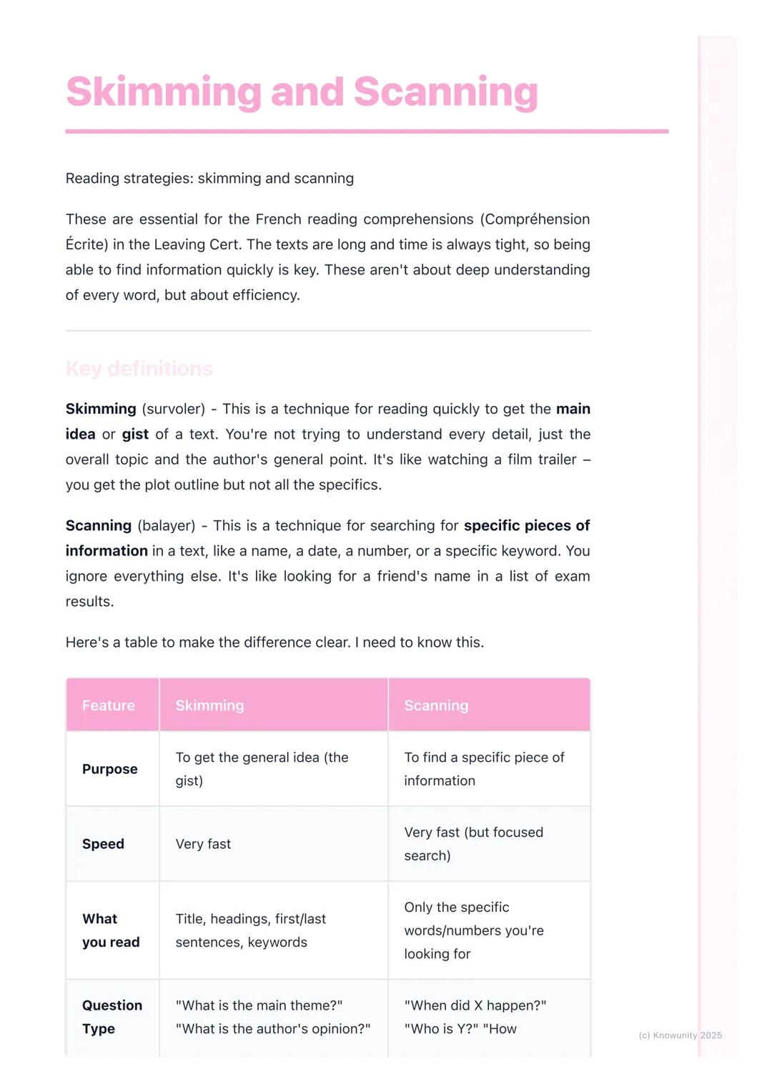 # Skimming and Scanning

Reading strategies: skimming and scanning

These are essential for the French reading comprehensions (Compréhension