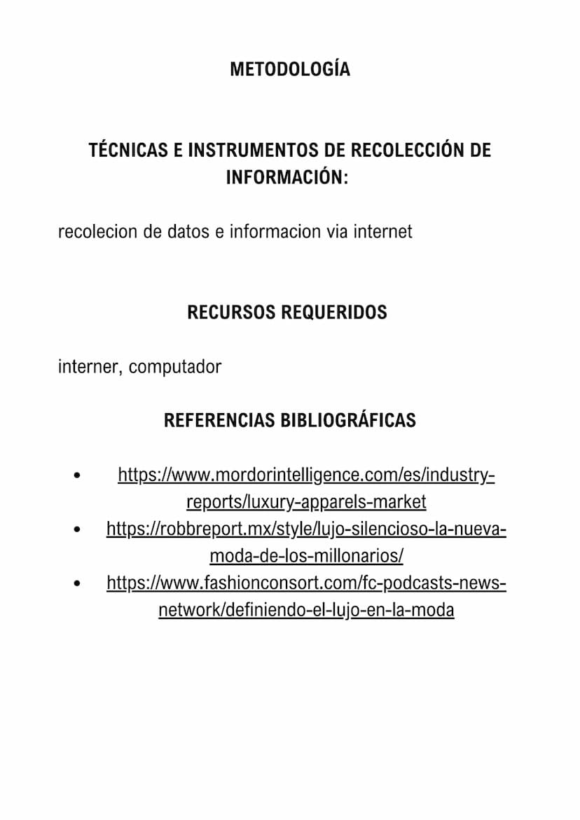 PROPUESTA DE INVESTIGACIÓN FORMATIVA
ELABORACIÓN DE LA PROPUESTA DE INVESTIGACIÓN
TITULO DEL PROYECTO
moda de lujo sin estandares.
RESUMEN
e