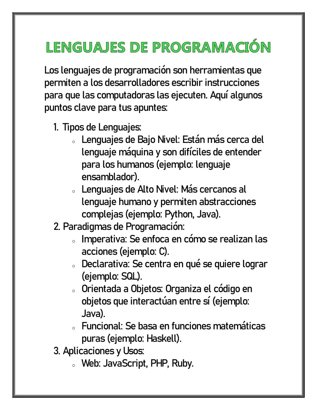 # LENGUAJES DE PROGRAMACIÓN

Los lenguajes de programación son herramientas que
permiten a los desarrolladores escribir instrucciones
para q