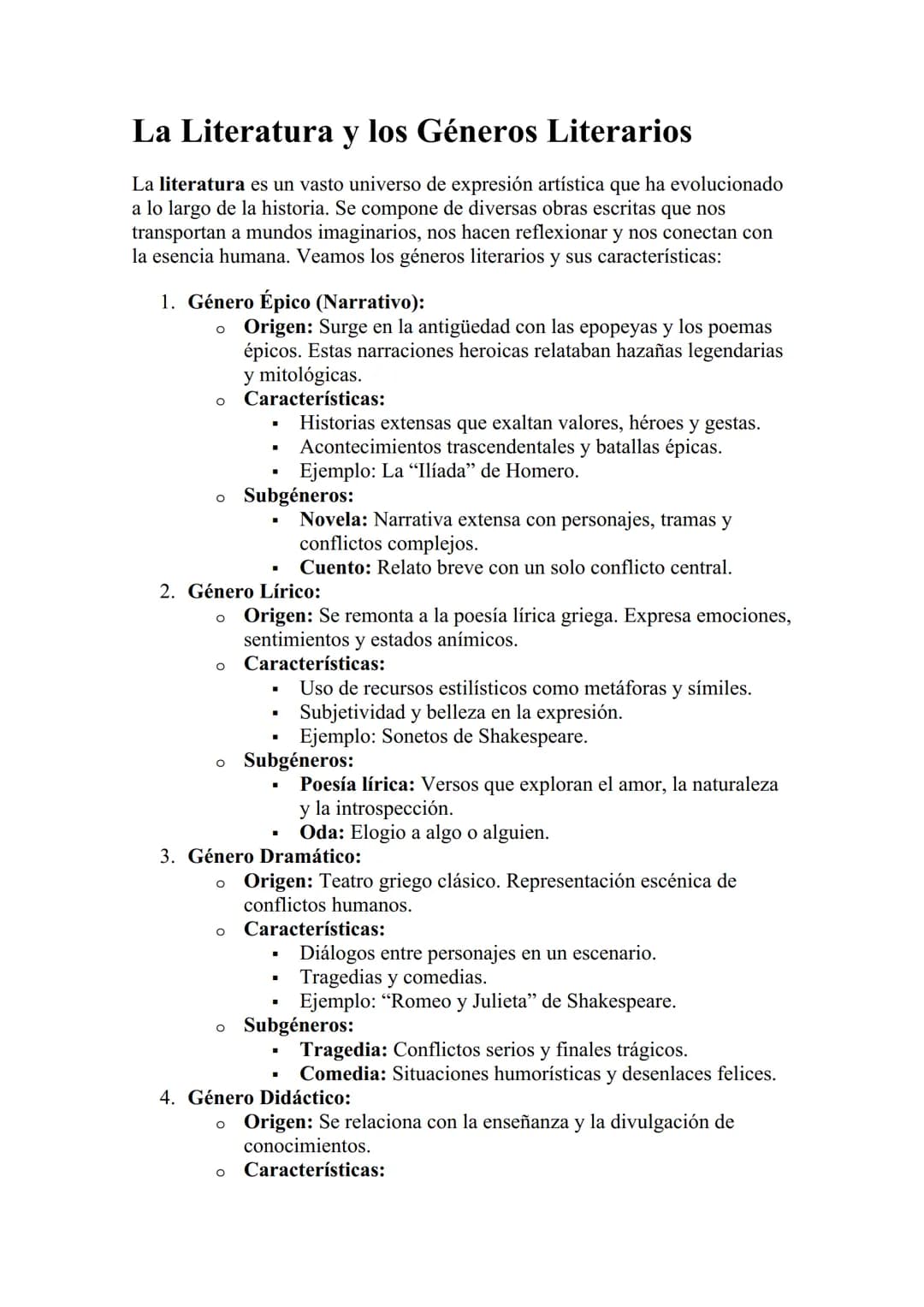 La Literatura y los Géneros Literarios
La literatura es un vasto universo de expresión artística que ha evolucionado
a lo largo de la histor