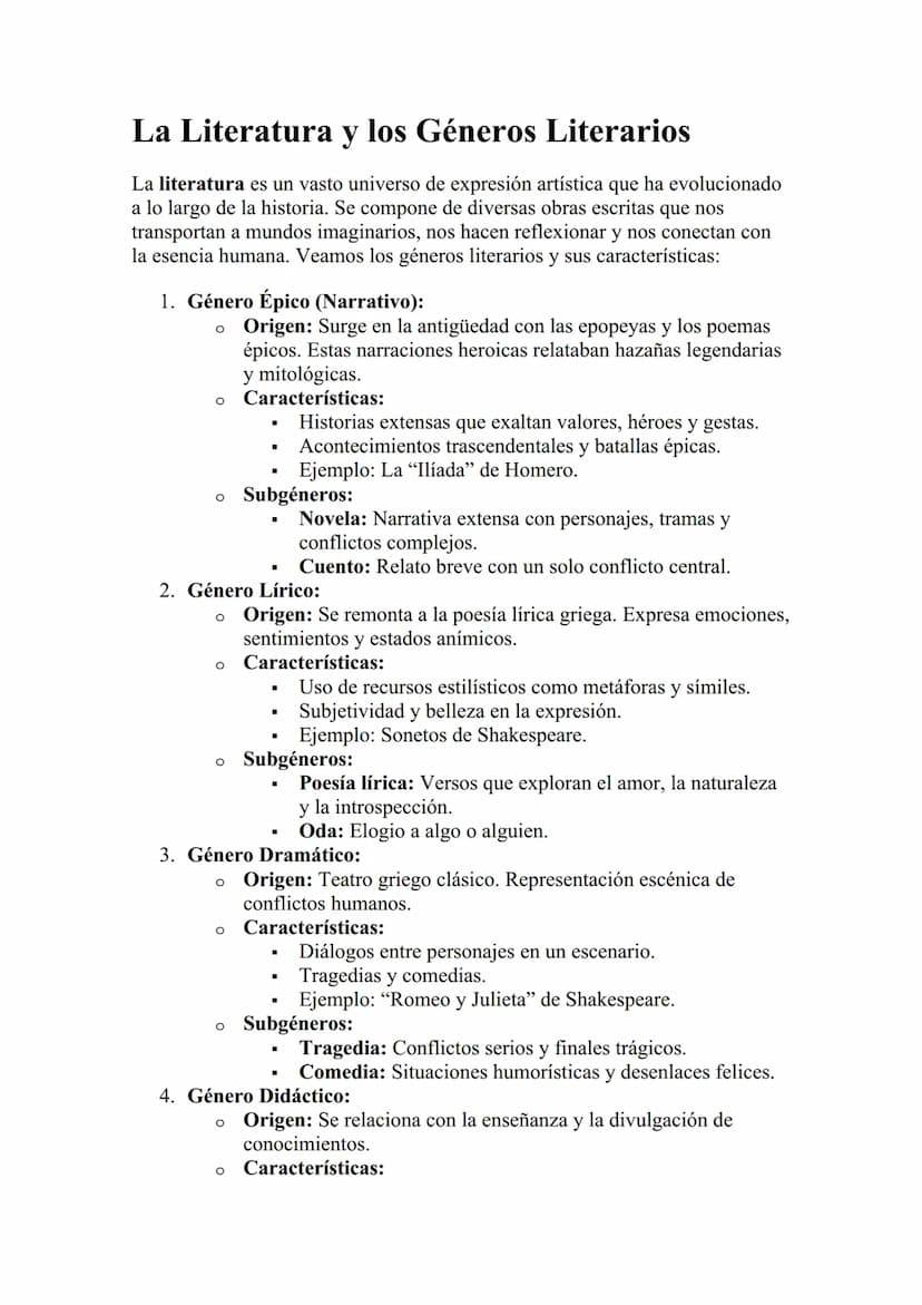La Literatura y los Géneros Literarios
La literatura es un vasto universo de expresión artística que ha evolucionado
a lo largo de la histor