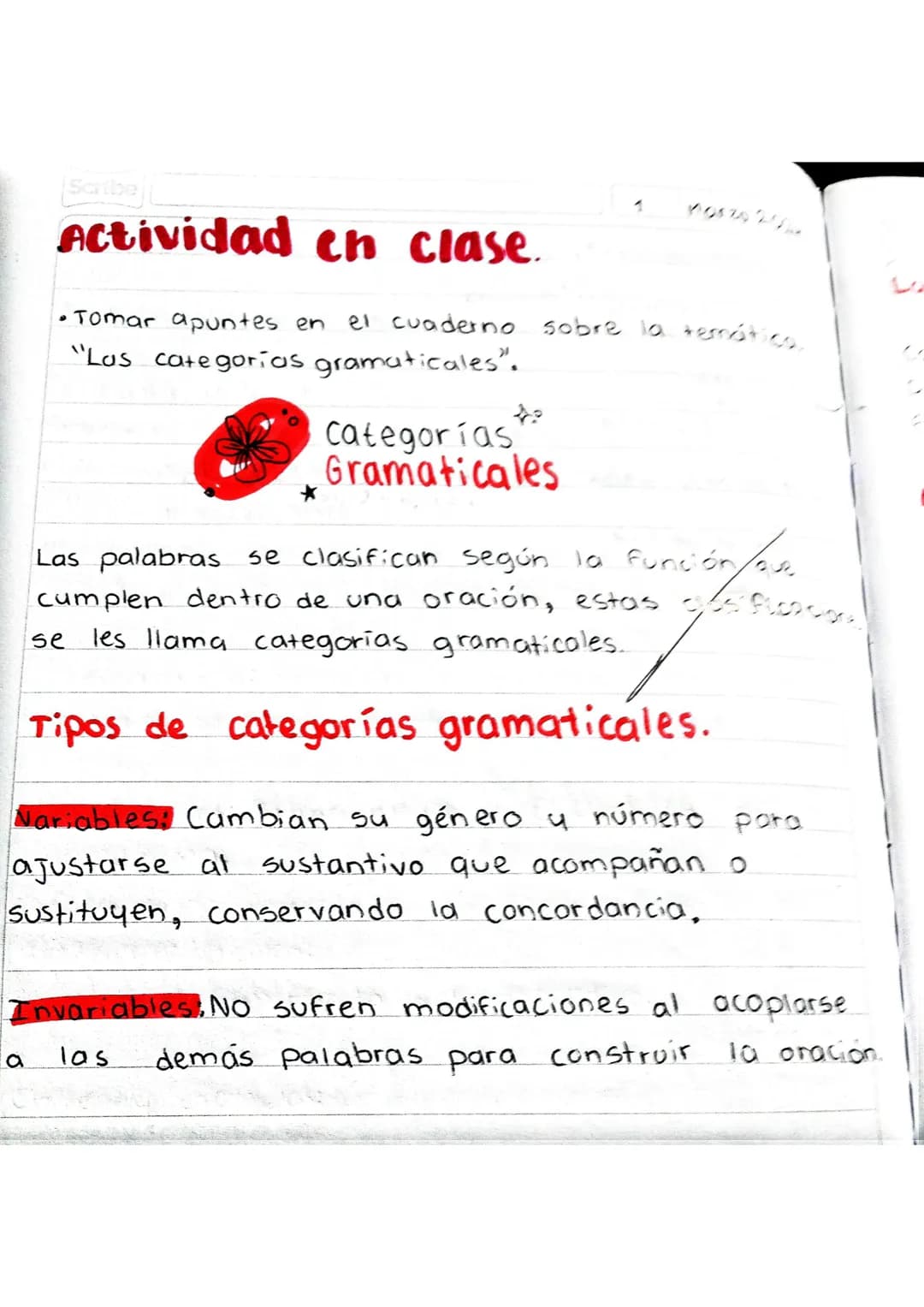 Scribe
Actividad en clase.
• Tomar apuntes en el cuaderno sobre la temática,
"Las categorías gramaticales".
Categorías
Gramaticales
Función/