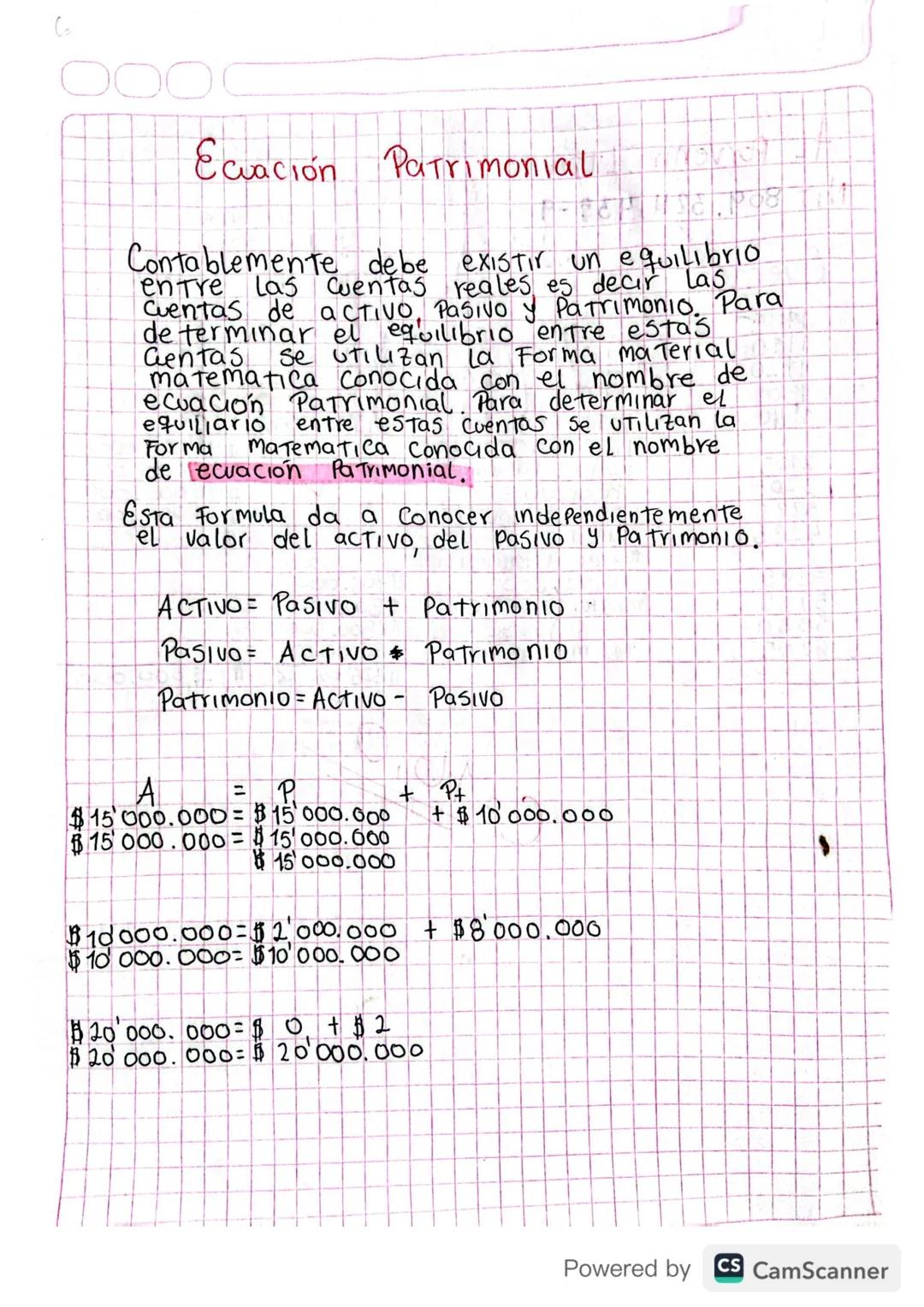 6
Ecuación Patrimonial
Contablemente debe existir un equilibrio
entre las cuentas reales es decir las
Cuentas de activo, Pasivo y Patrimonio