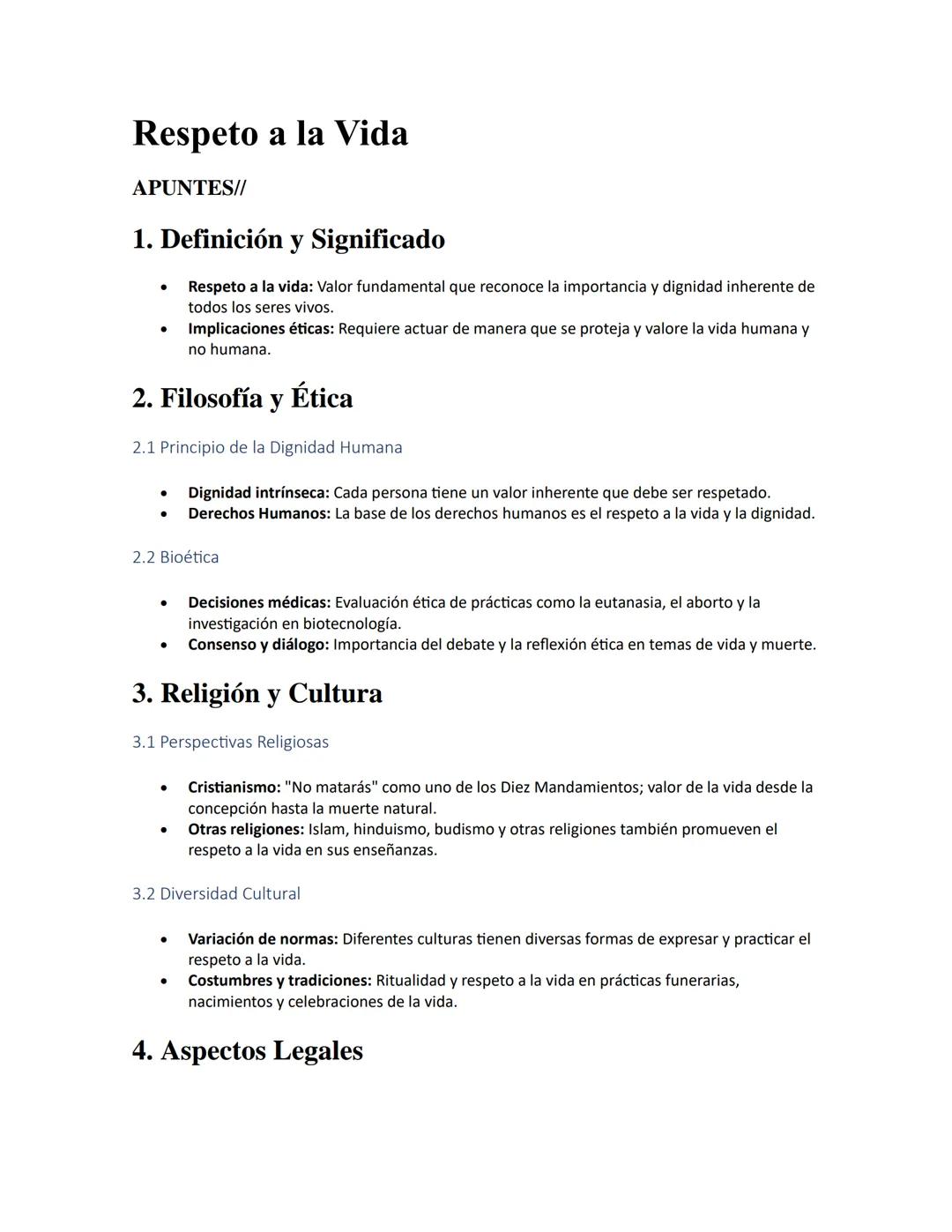 Respeto a la Vida
APUNTES//
1. Definición y Significado
•
•
Respeto a la vida: Valor fundamental que reconoce la importancia y dignidad inhe