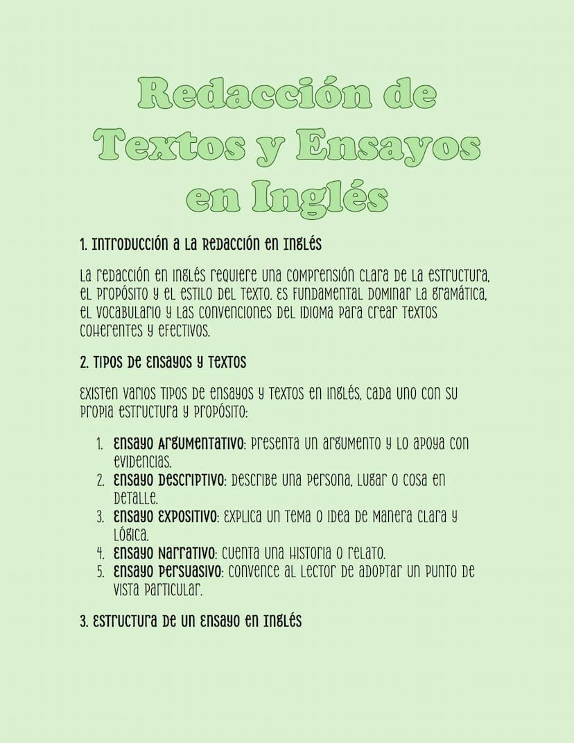 Redacción de
Textos y Ensayos
en Inglés
1. Introducción a la redacción en Inglés
La redacción en inglés requiere una comprensión clara De La