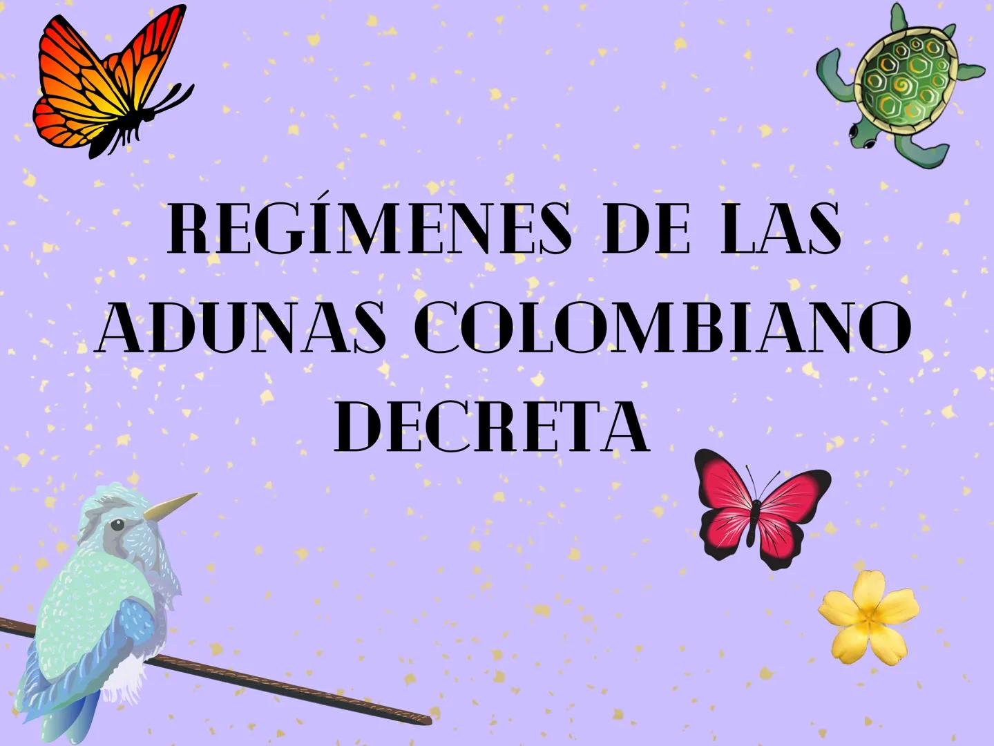 # REGÍMENES DE LAS

# ADUNAS COLOMBIANO

# DECRETA # ¿QUE SON?

conjunto de disposiciones y
procedimientos que regulan el ingreso,
salida, t