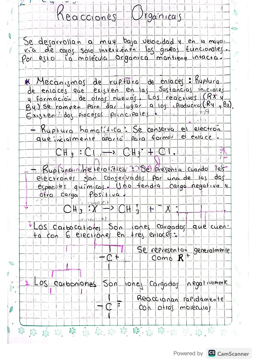 Reacciones Organica's
Se desarrollan a muy baja velocidad y en la mayo-
ría de cajos Solo Intervienen los grupos funcionales.
Por esto la mo