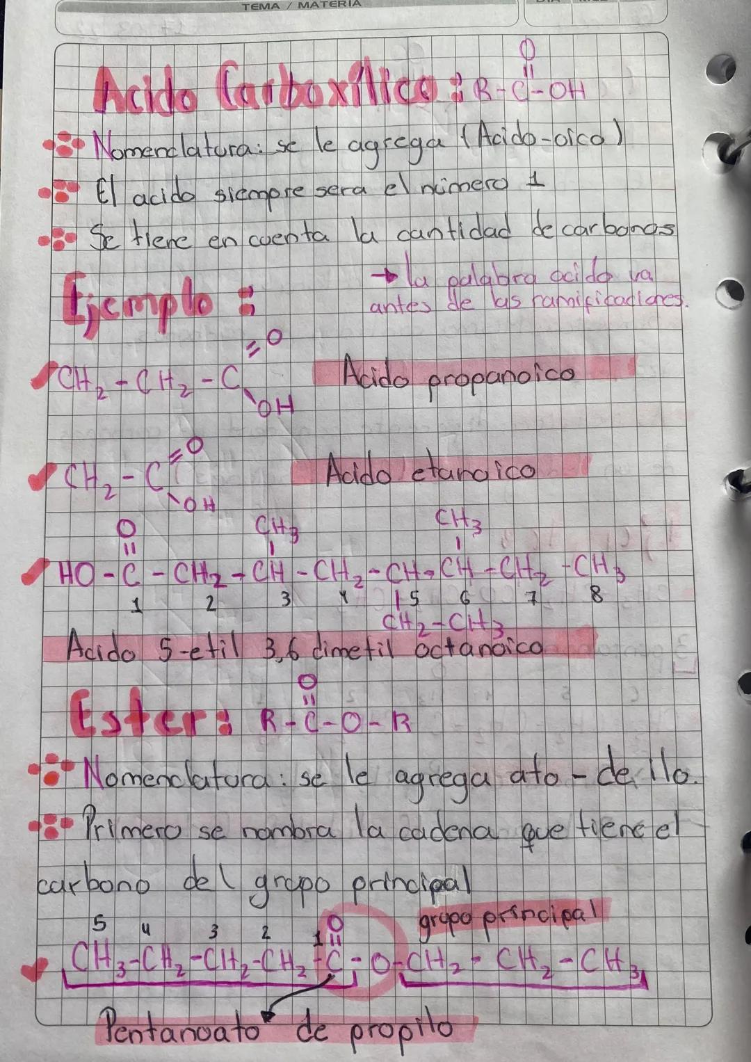 # Acido Carboxílica : R-C-OH

*   Nomenclatura: se le agrega (Acido-oico)
*   El acido siempre sera el número 1
*   Se flere en cuenta la ca