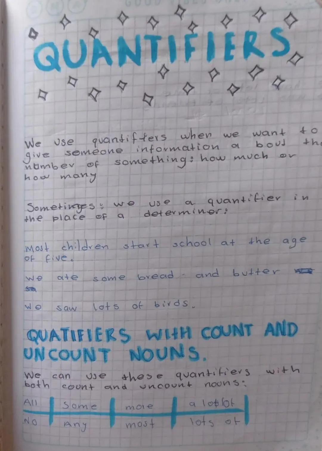 ☆
◇◇
# QUANTIFIERS
◇
We use quantifiers when we want to
give someone information a bout the
number of something: how much or
how many

Somet