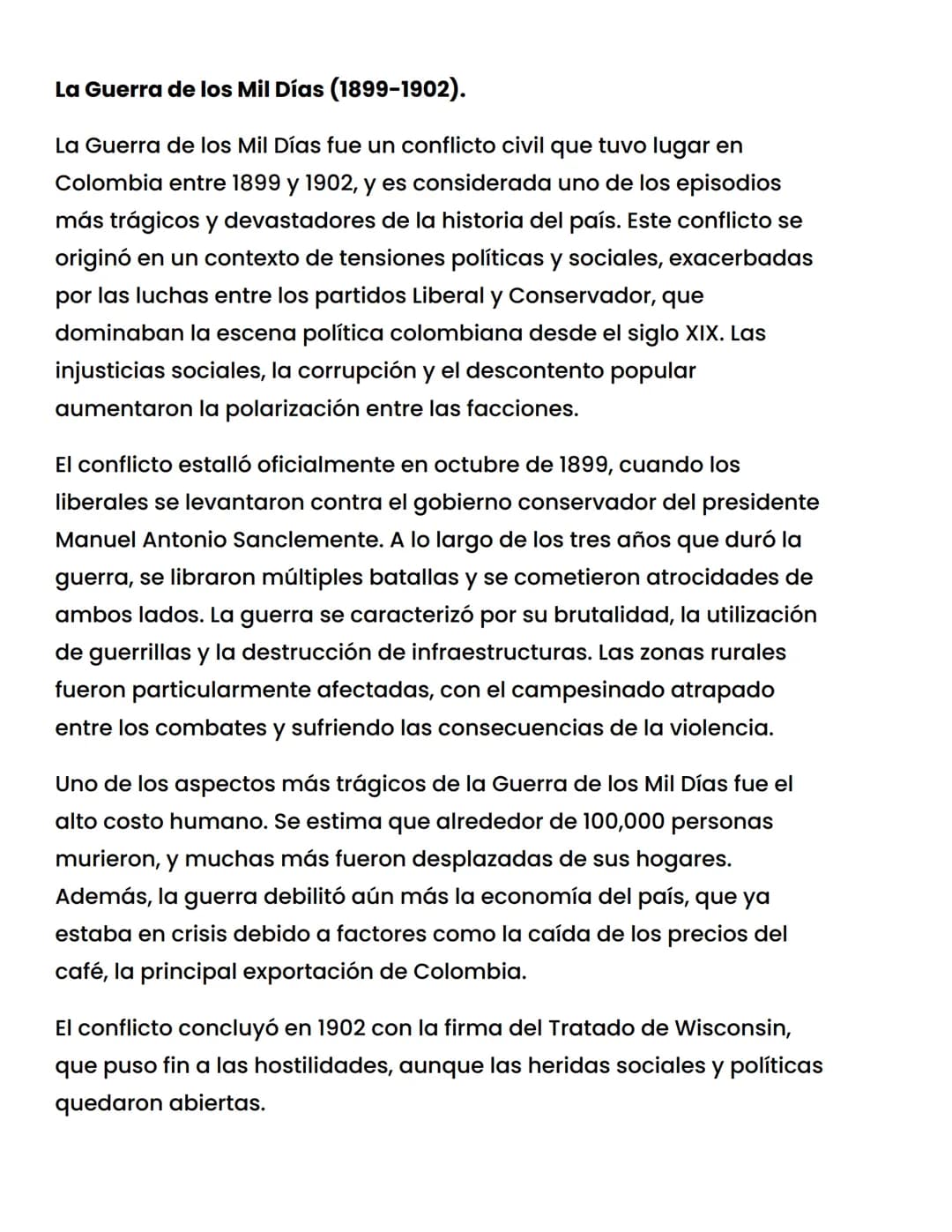 La Guerra de los Mil Días (1899-1902).
La Guerra de los Mil Días fue un conflicto civil que tuvo lugar en
Colombia entre 1899 y 1902, y es c