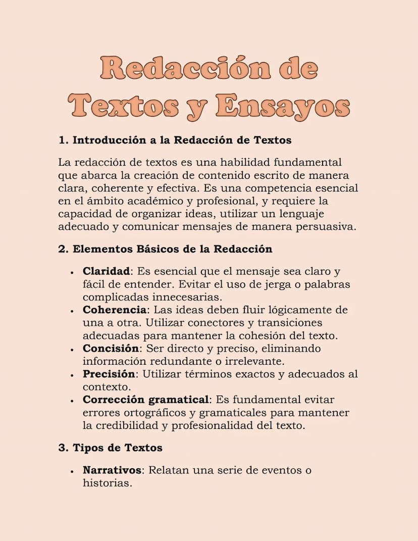 Redacción de
Textos y Ensayos
1. Introducción a la Redacción de Textos
La redacción de textos es una habilidad fundamental
que abarca la cre