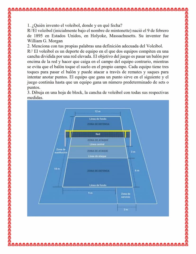 ACTIVIDAD “EL VOLEIBOL"
NOMBRE:.
GRADO:
INSTITUCIÓN:
DOCENTE:
FECHA: 00/00/0000 1. ¿Quién invento el voleibol, donde y en qué fecha?
R//El v