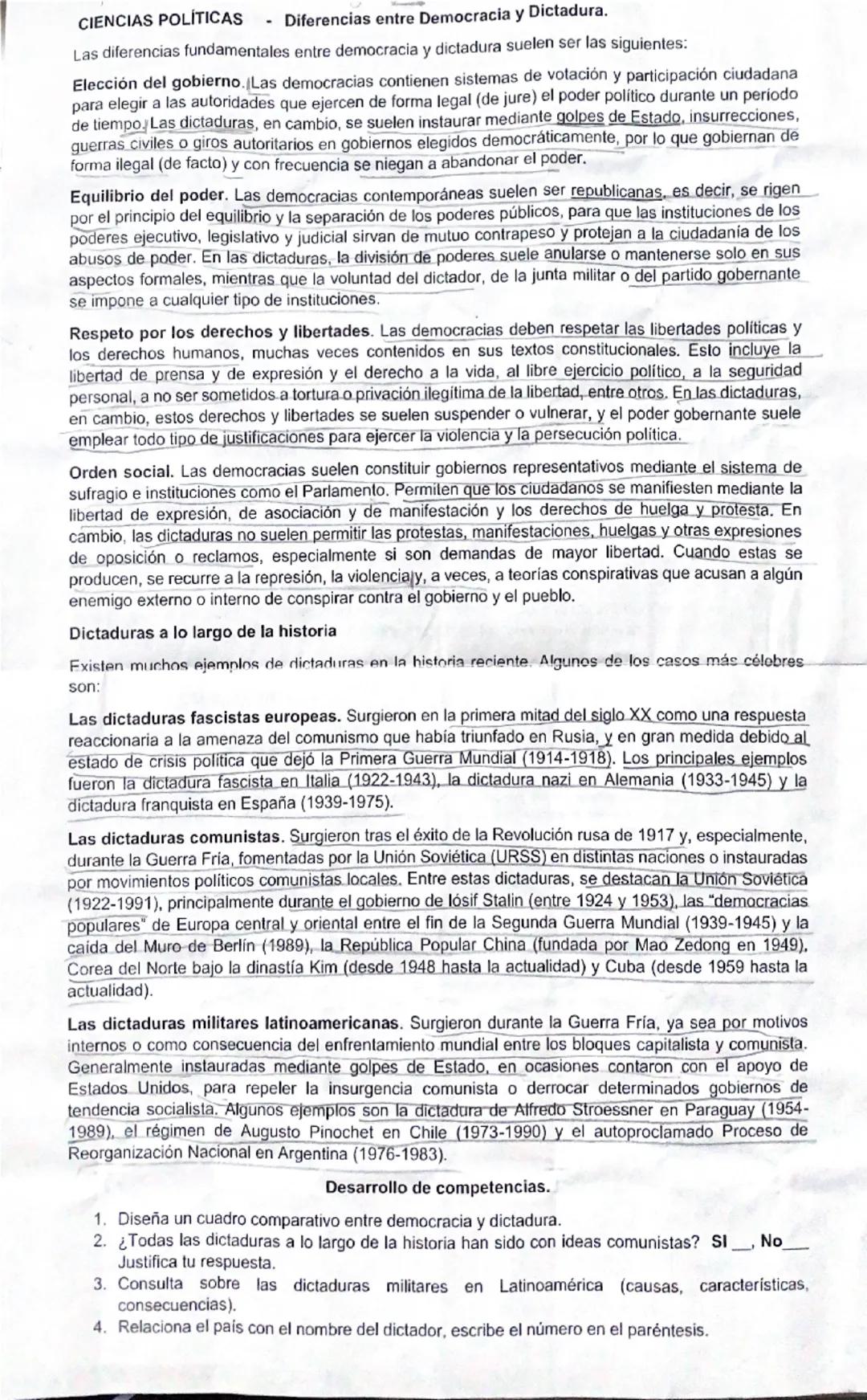 CIENCIAS POLÍTICAS
Diferencias entre Democracia y Dictadura.
Las diferencias fundamentales entre democracia y dictadura suelen ser las sigui