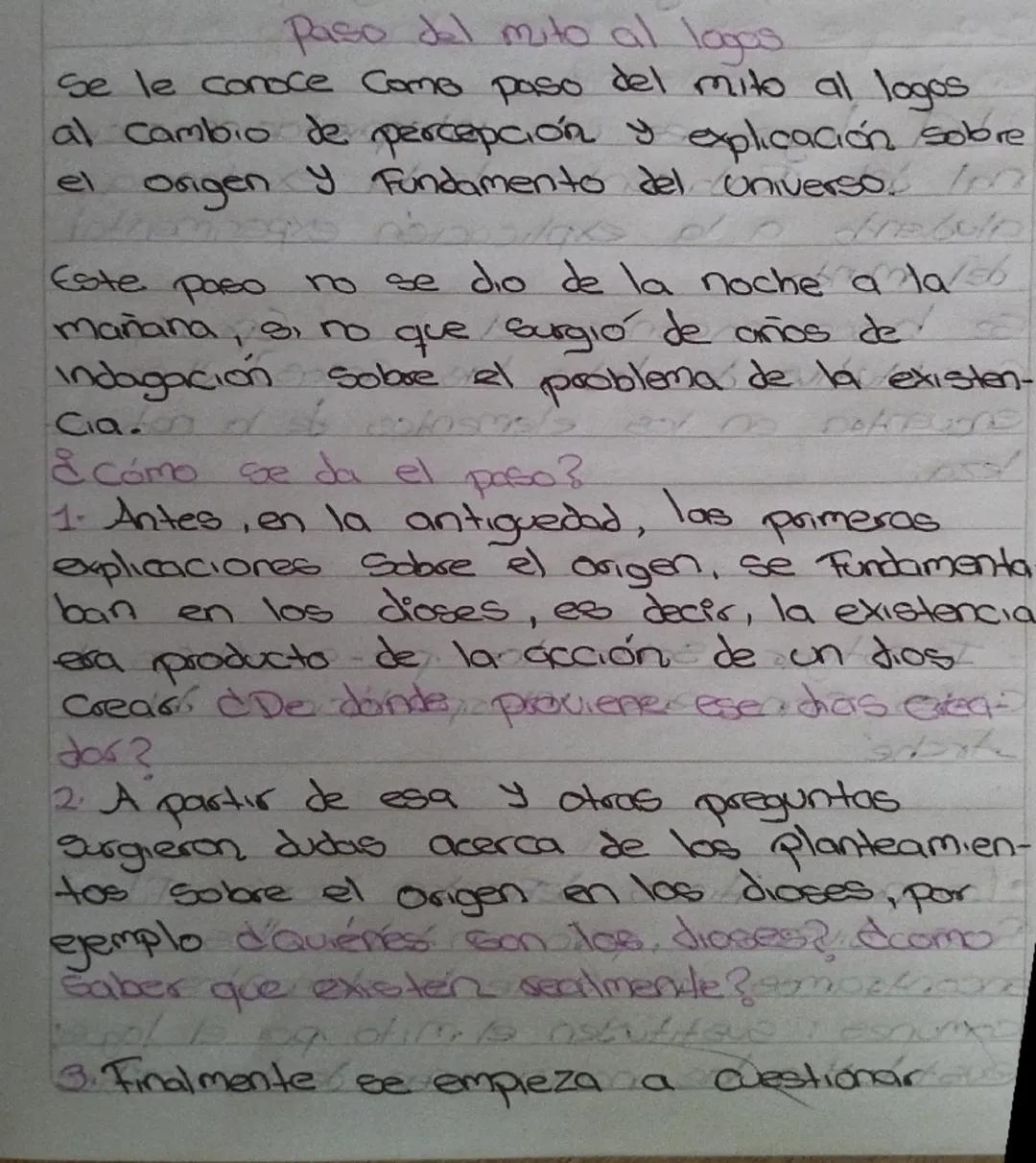 Paso del mito al logas.
Se le conoce como paso del mito al logos.
al cambio de percepción y explicación sobre
orgen y Fundamento del univers