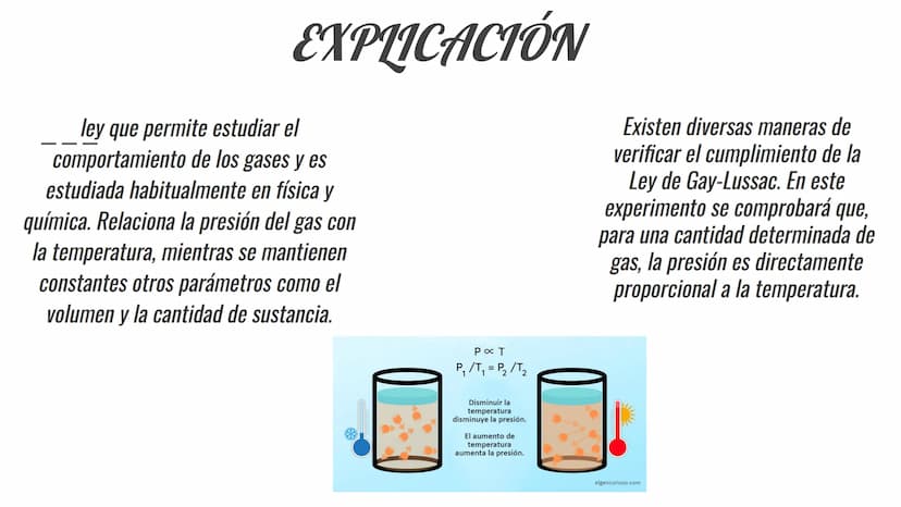 LEYES DE LOS
GASES
Ley de
Gay-Lussac
P₁ P2
P
Ley de Boyle
P₁ V₁ = P₂ V₂
Ley Combinada
de los gases
P₁V₁_P₂V₂
T₁ T₂
T
V
Ley de
Charles
=
V₁ V