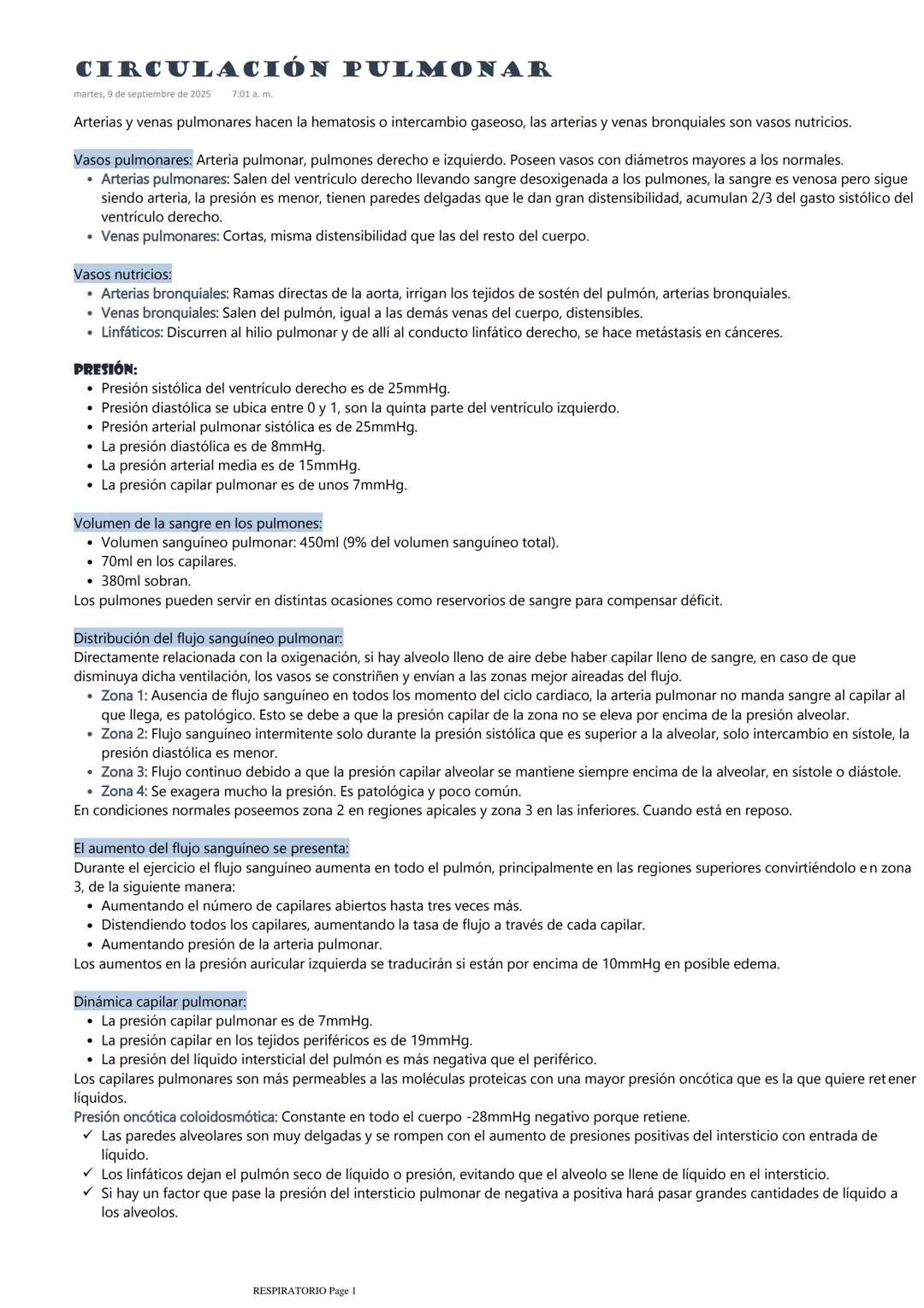# CIRCULACIÓN PULMONAR
martes, 9 de septiembre de 2025 7:01 a. m.

Arterias y venas pulmonares hacen la hematosis o intercambio gaseoso, las