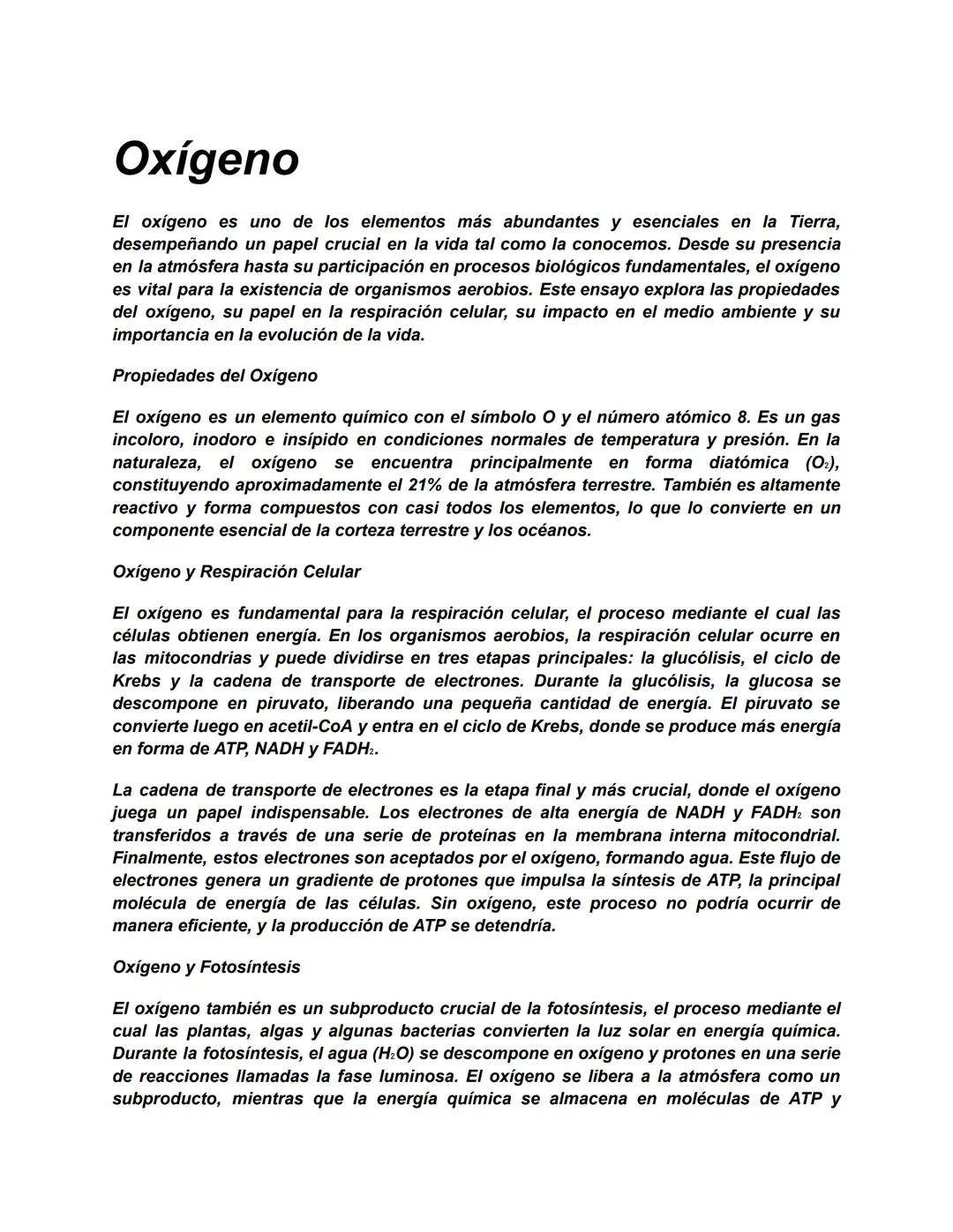 # Oxígeno

El oxígeno es uno de los elementos más abundantes y esenciales en la Tierra,
desempeñando un papel crucial en la vida tal como la