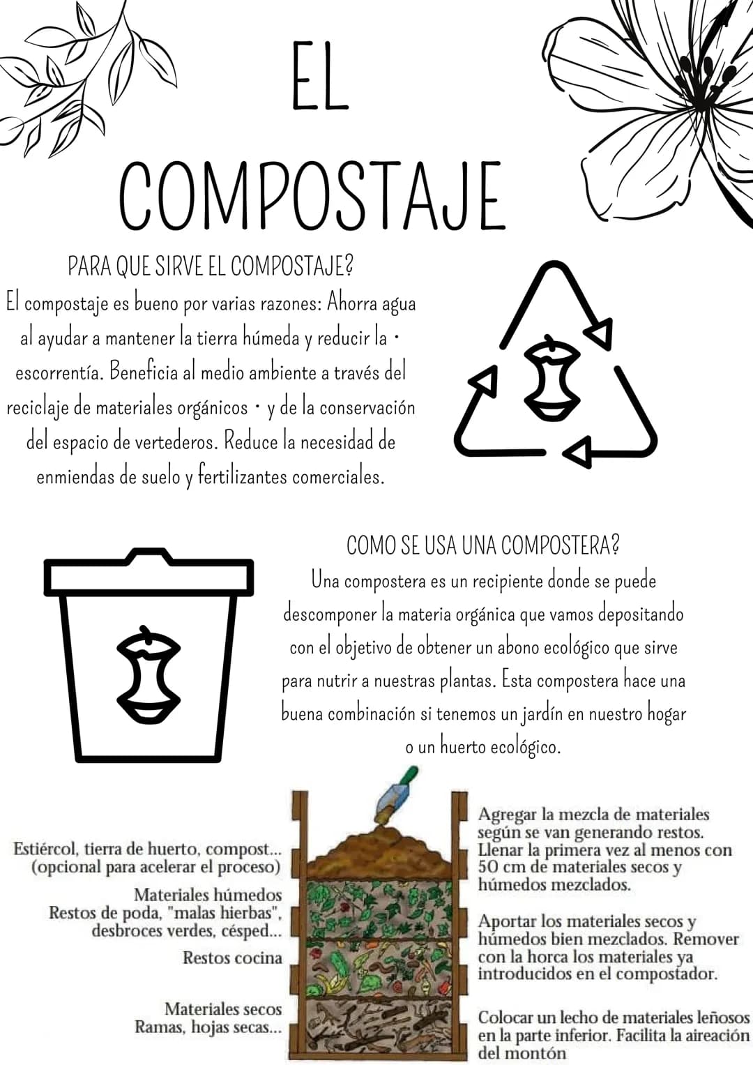 EL
COMPOSTAJE
PARA QUE SIRVE EL COMPOSTAJE?
El compostaje es
agua
bueno por varias razones: Ahorra
al ayudar a mantener la tierra húmeda y r