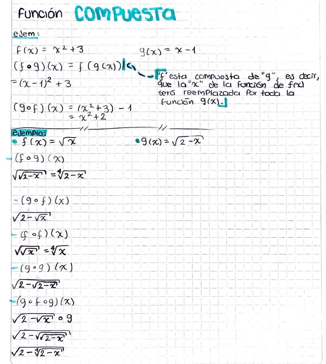 Función COMPuesta
ejem
f(x) = x²+3
(f•9) (x) = f (9 (x))|<
=(x-1)²+3
(gof) (x)=2123-1
ejemplo
=
f(x)=√x
(f09)(x)
Vax=12-
- (9°f) (x)
√2-√x
-