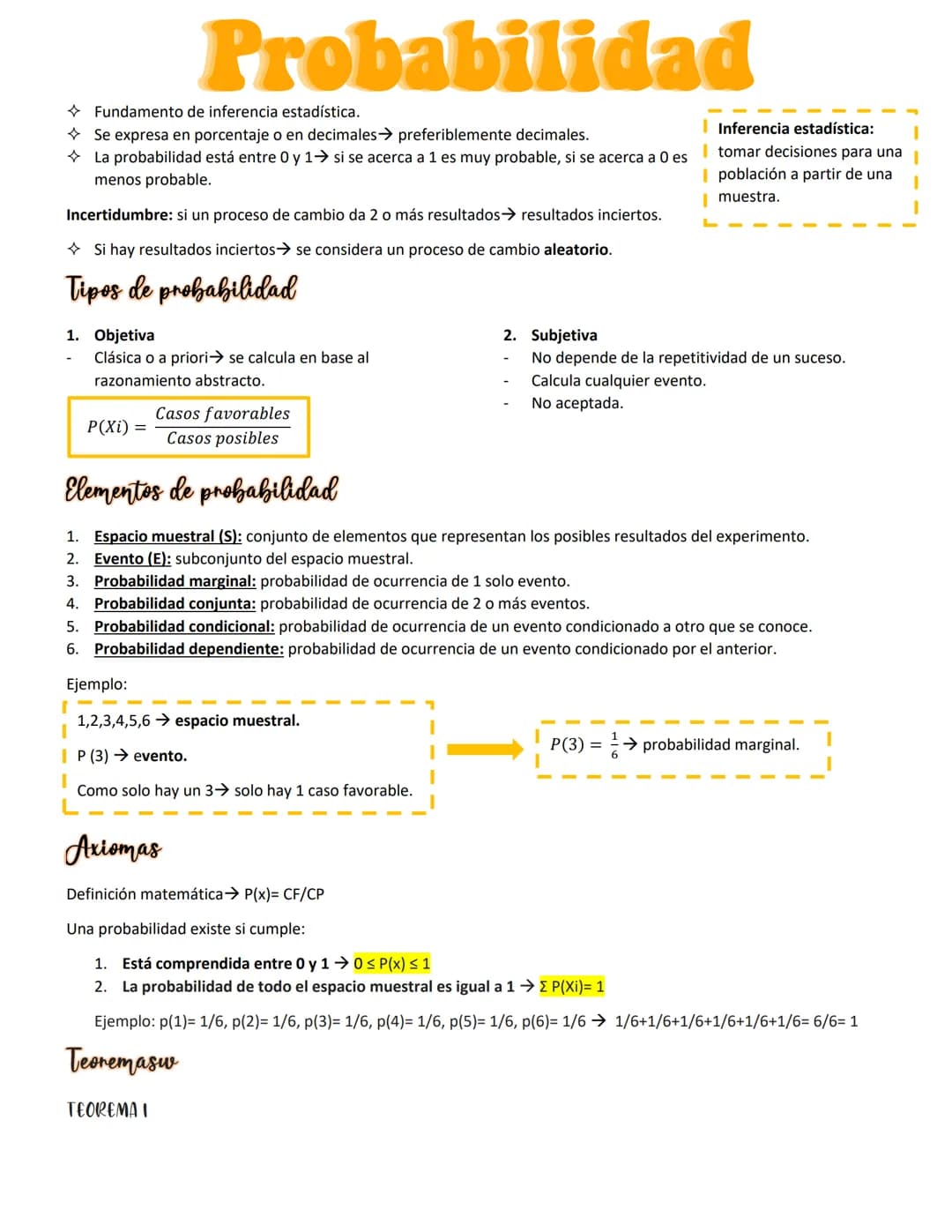 Probabilidad
Fundamento de inferencia estadística.
Se expresa en porcentaje o en decimales→ preferiblemente decimales.
La probabilidad está 