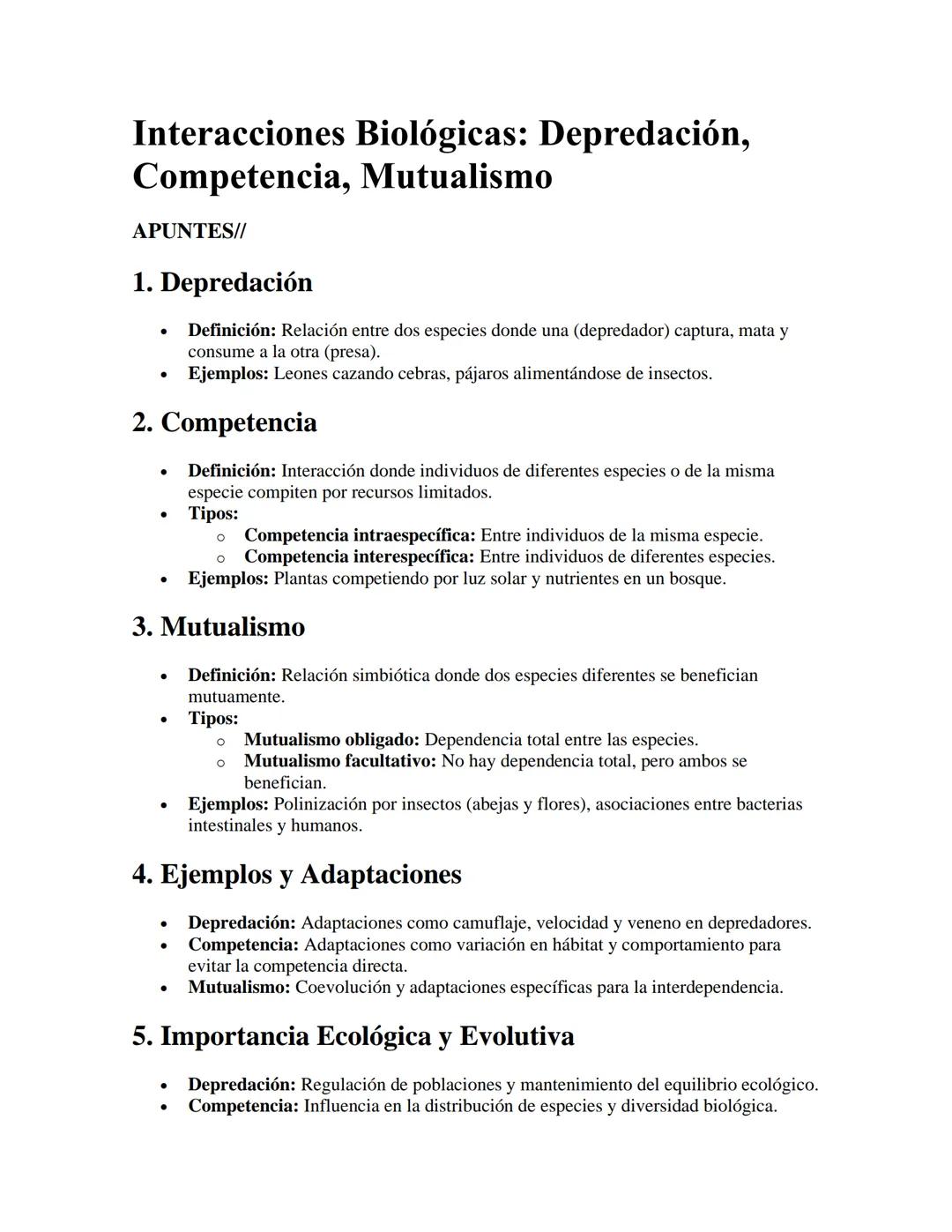 Interacciones Biológicas: Depredación,
Competencia, Mutualismo
APUNTES//
1. Depredación
•
•
Definición: Relación entre dos especies donde un