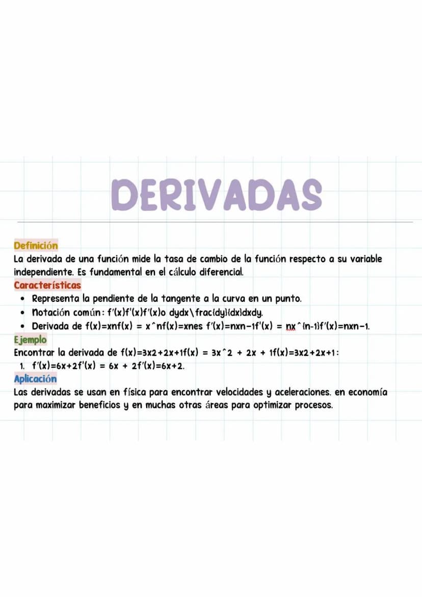 DERIVADAS
Definición
La derivada de una función mide la tasa de cambio de la función respecto a su variable
independiente. Es fundamental en