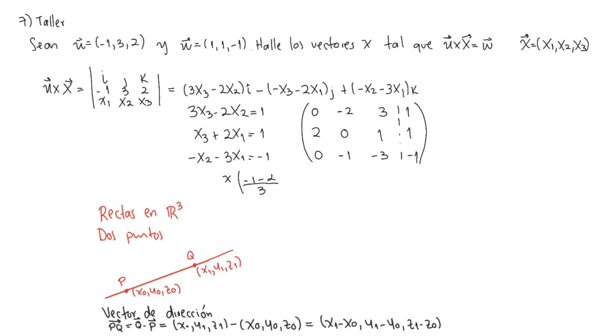 7) Taller
Sean = (-1, 3, 2) y = (1,1,-1). Halle los vectores x tal
√x x =
K
2
X1 X2 X3
=
(3X3-2x2)-(-x3-2X₁) j + (-x2-3x₁) K
que u x x = w
μ