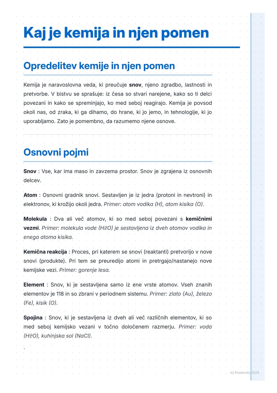 # Kaj je kemija in njen pomen

Opredelitev kemije in njen pomen

Kemija je naravoslovna veda, ki preučuje snov, njeno zgradbo, lastnosti in
