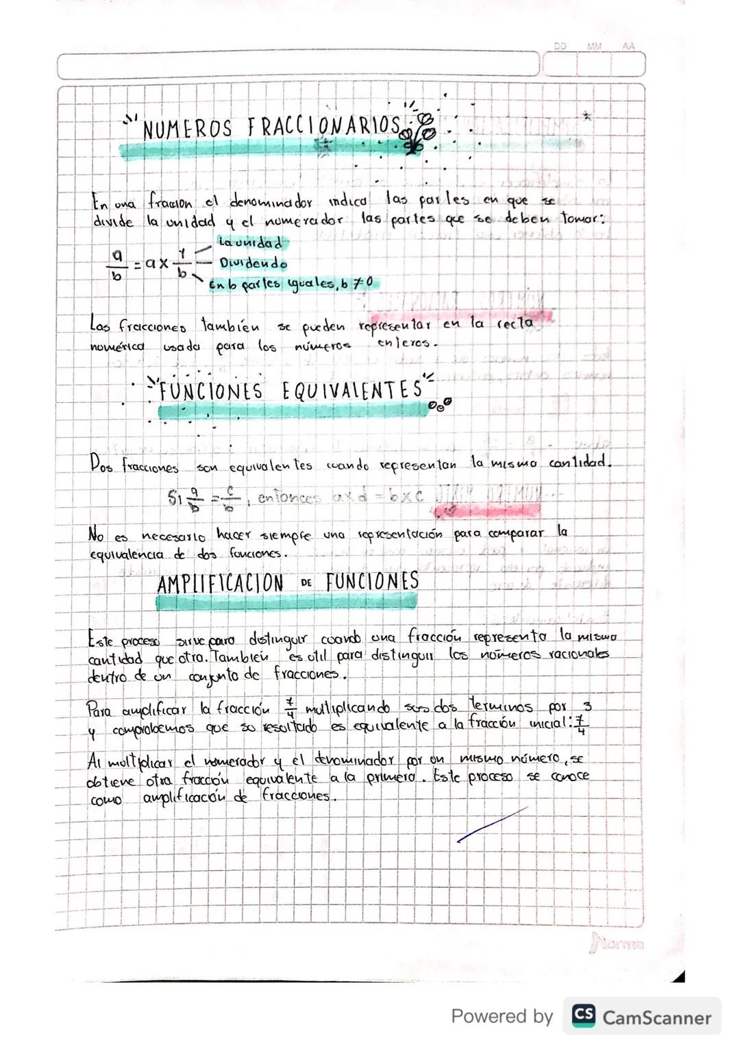 DD MM
AA
# NUMEROS FRACCIONARIOS
En una frasion el denominador indica las parles en que se
divide la unidad y el numerador las partes que se