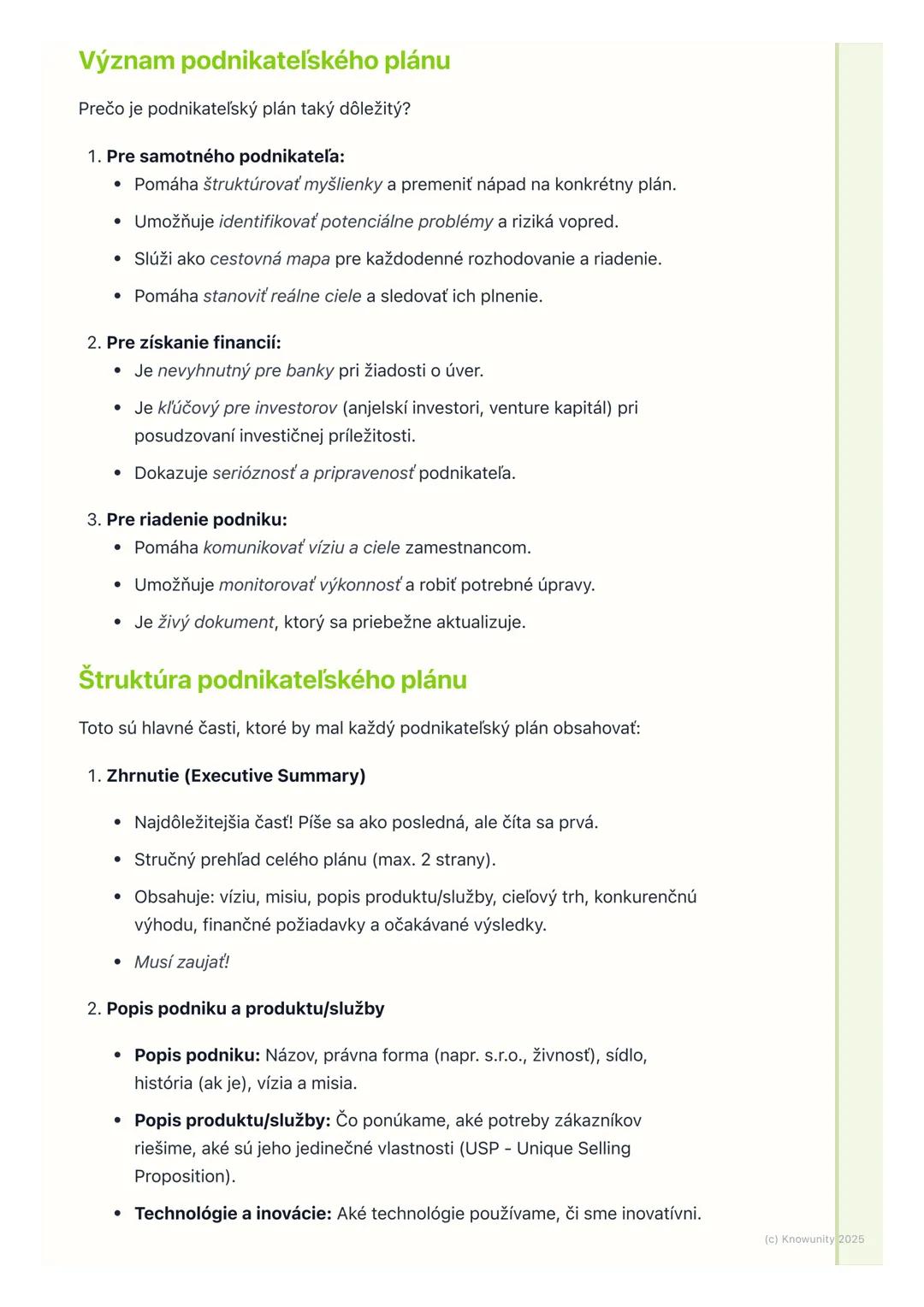 # Podnikateľský plán a jeho
tvorba

1. Prehľad / Úvod

Podnikateľský plán je pre mňa ako mapa pre cestu ak chcem niekam prísť,
potrebujem ve