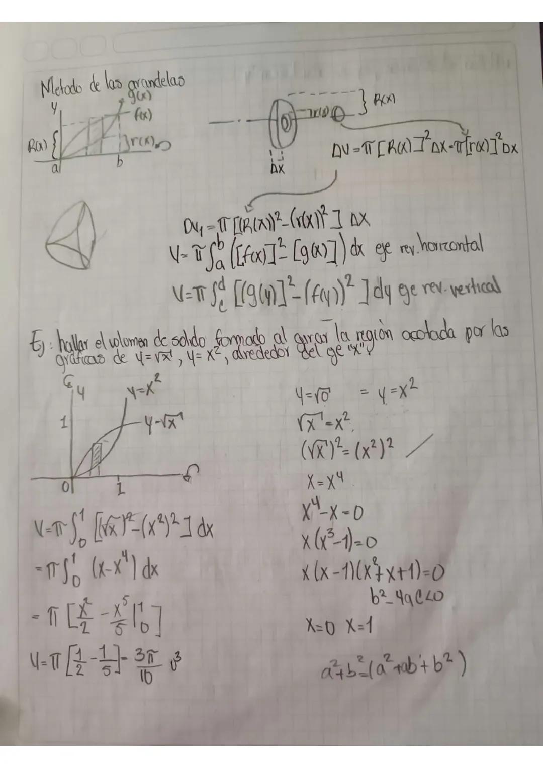 Metodo de las grandelas

$f(x)$

$R(x)$

al

$AX$

$} $R(x)$

$AV=\pi[R(x)]^2 \Delta x - \pi[r(x)]^2 Dx$

$Dv_1=[(R(x))^2-(r(x))^2] \Delta x