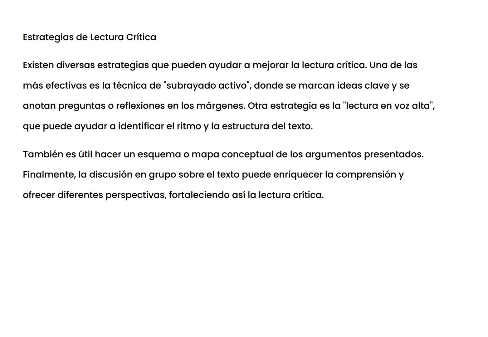 Estrategias de Lectura Crítica
Existen diversas estrategias que pueden ayudar a mejorar la lectura crítica. Una de las
más efectivas es la t