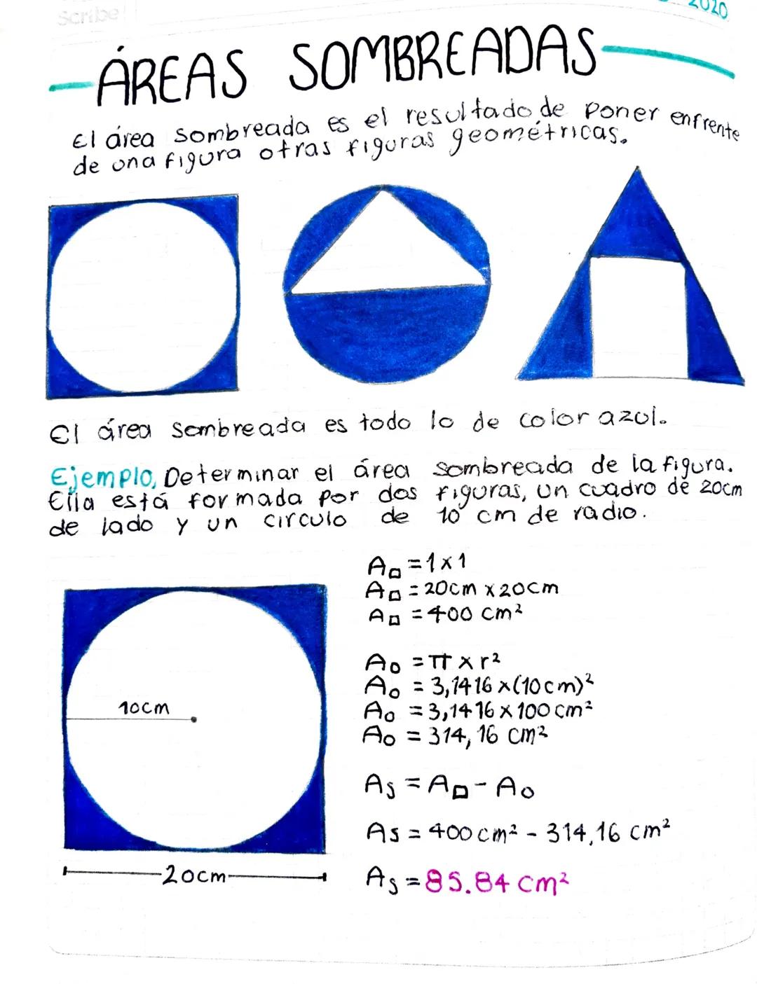 Scribe
-AREAS SOMBREADAS
El área sombreada es el resultado de poner enfrente
de ona figura otras figuras geométricas.
COA
El área sombreada 