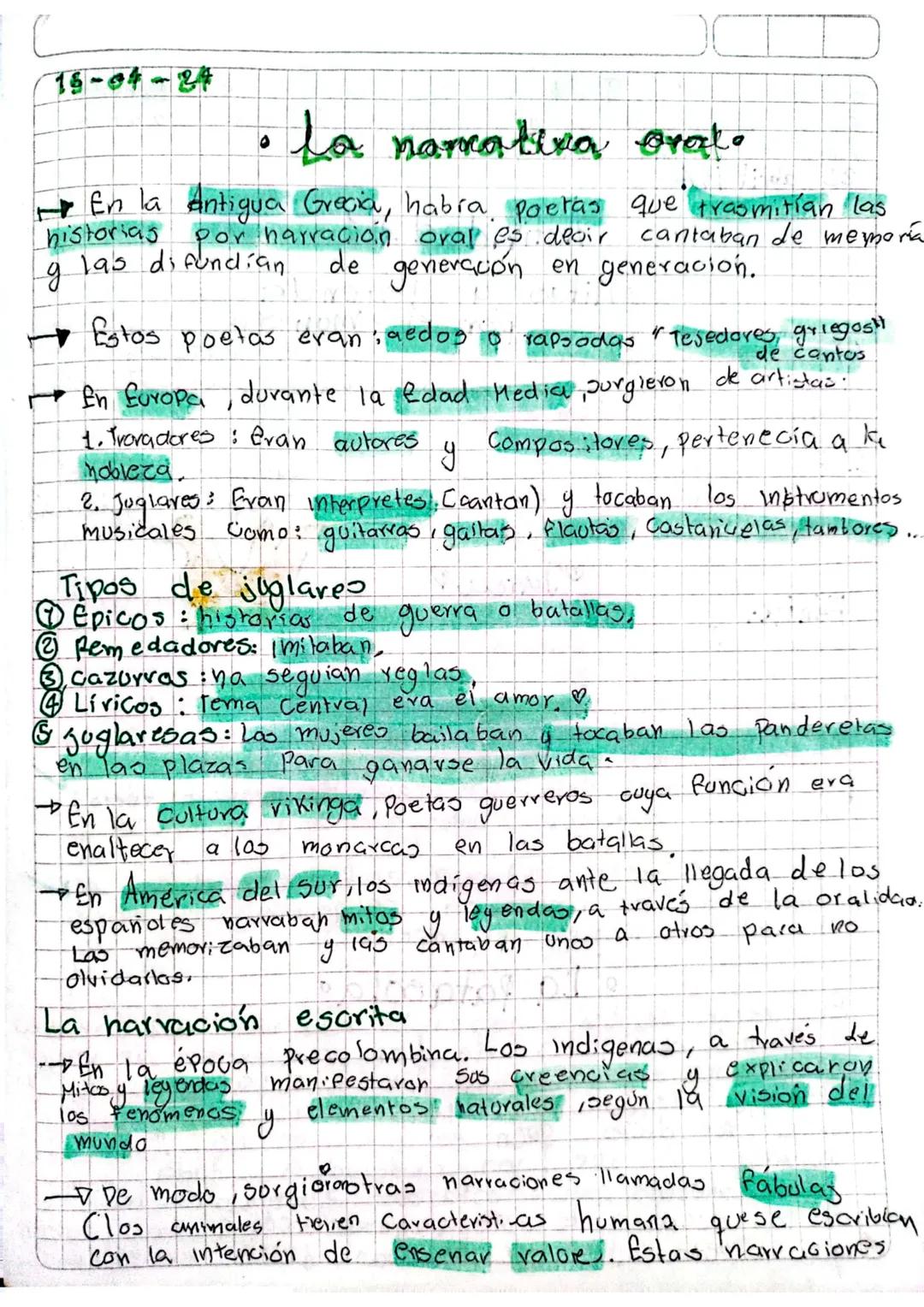 18-04-24
historias
la namativa oral.
En la Antigua Grecia, había poetas que trasmitian las
harración oral es decir cantaban de memo
de gener
