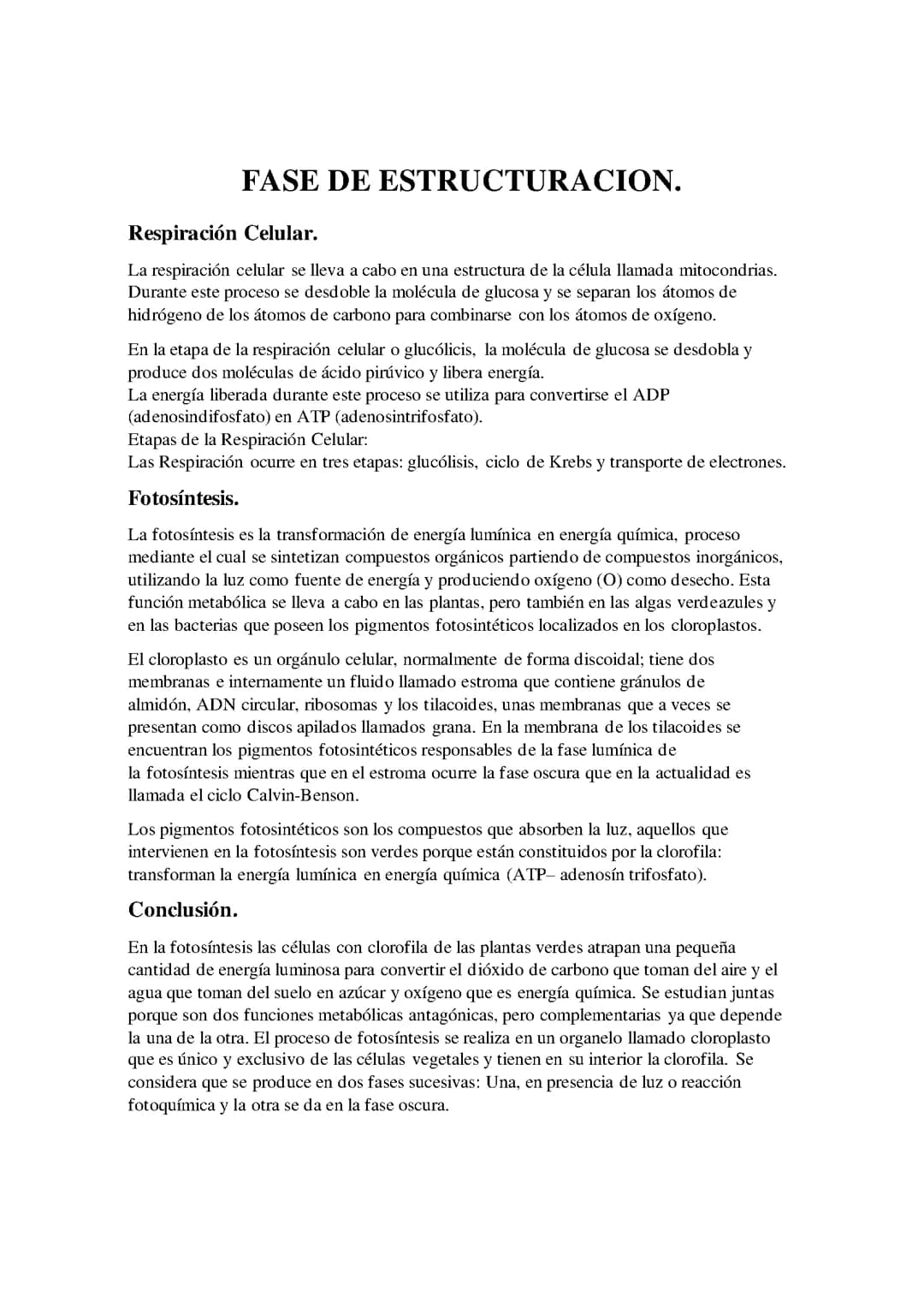 Respiración celular y Fotosíntesis