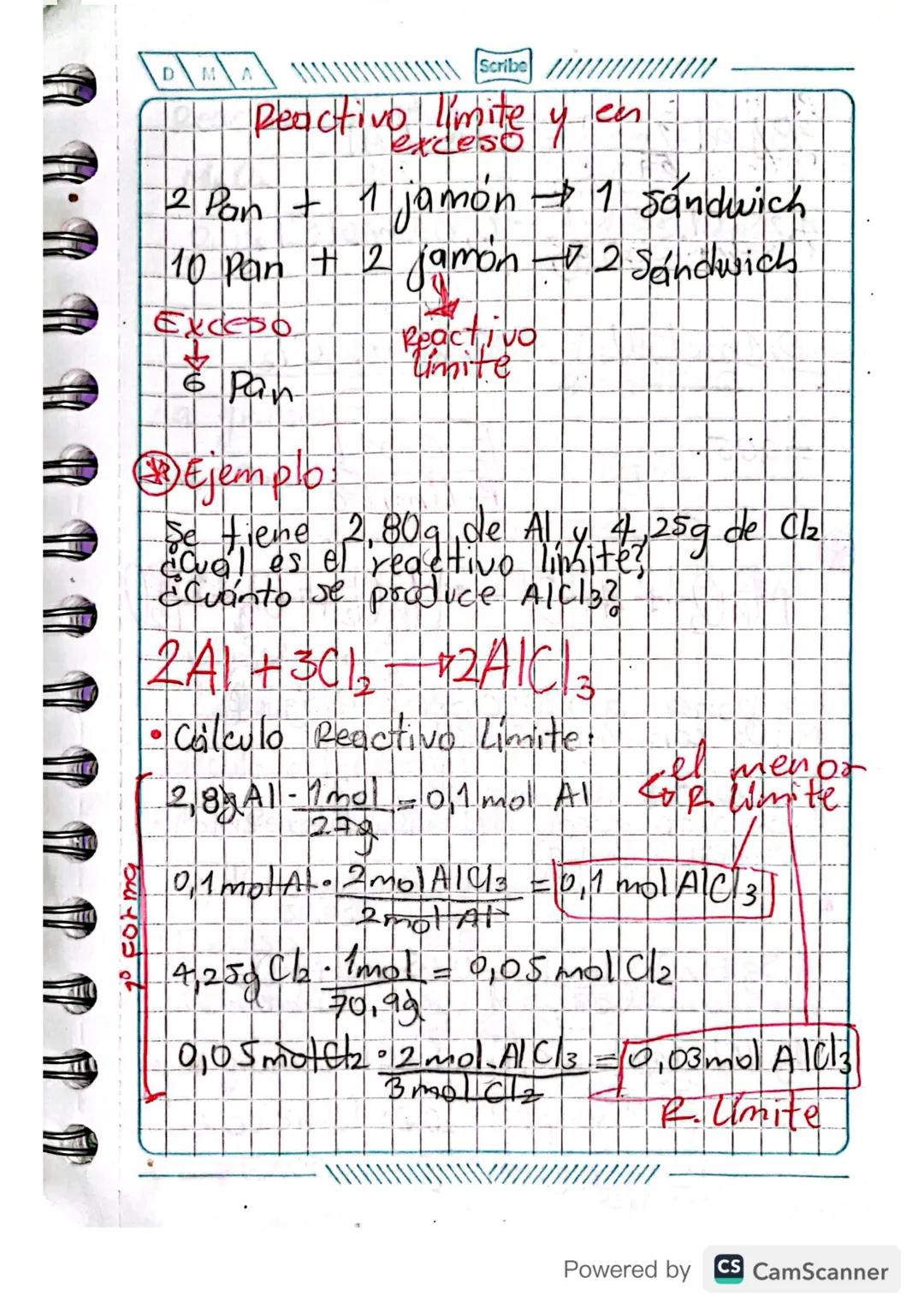 go forma
D
M
A
Scribe
Reactivo limite y
exceso
en
2 Pan + 1 jamon + 1 sandwich
10 Pan + 2 jamon - 2 Sandwich
Exceso
↓
6 Pan
® Ejemplo:
React