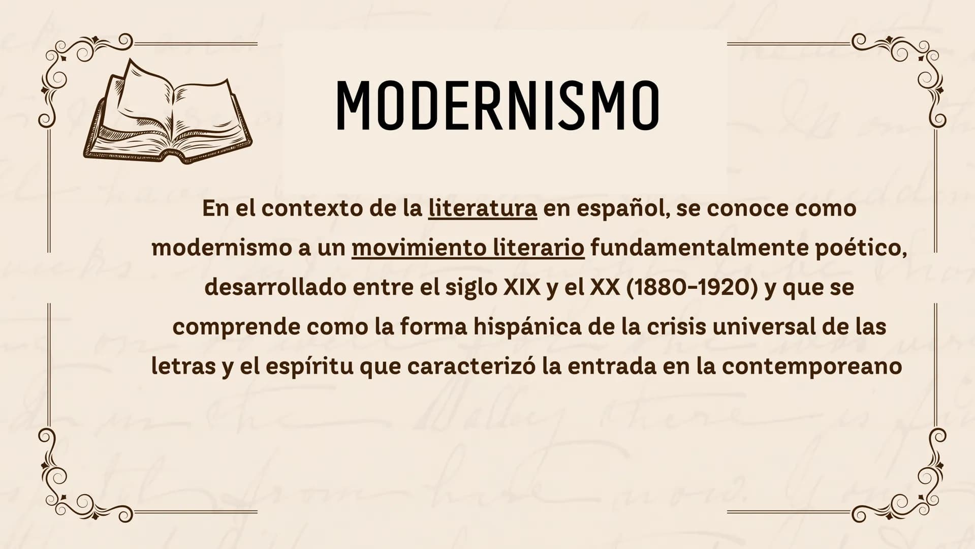 Mane HISTORIA DEL MODERNISMO
on
MODERNISMO
Malley the
now. ÍNDICE
01
donde surgio
02 ¿que es?
03 caracteristicas
04 autores
05
obras
06 dato