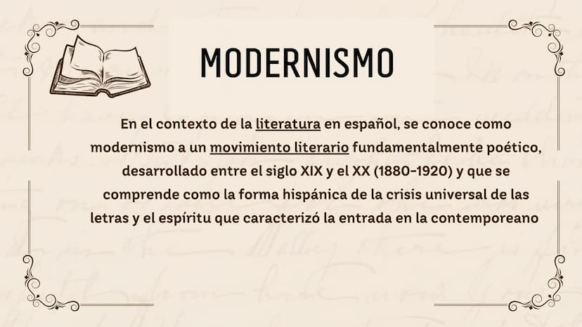Mane HISTORIA DEL MODERNISMO
on
MODERNISMO
Malley the
now. ÍNDICE
01
donde surgio
02 ¿que es?
03 caracteristicas
04 autores
05
obras
06 dato