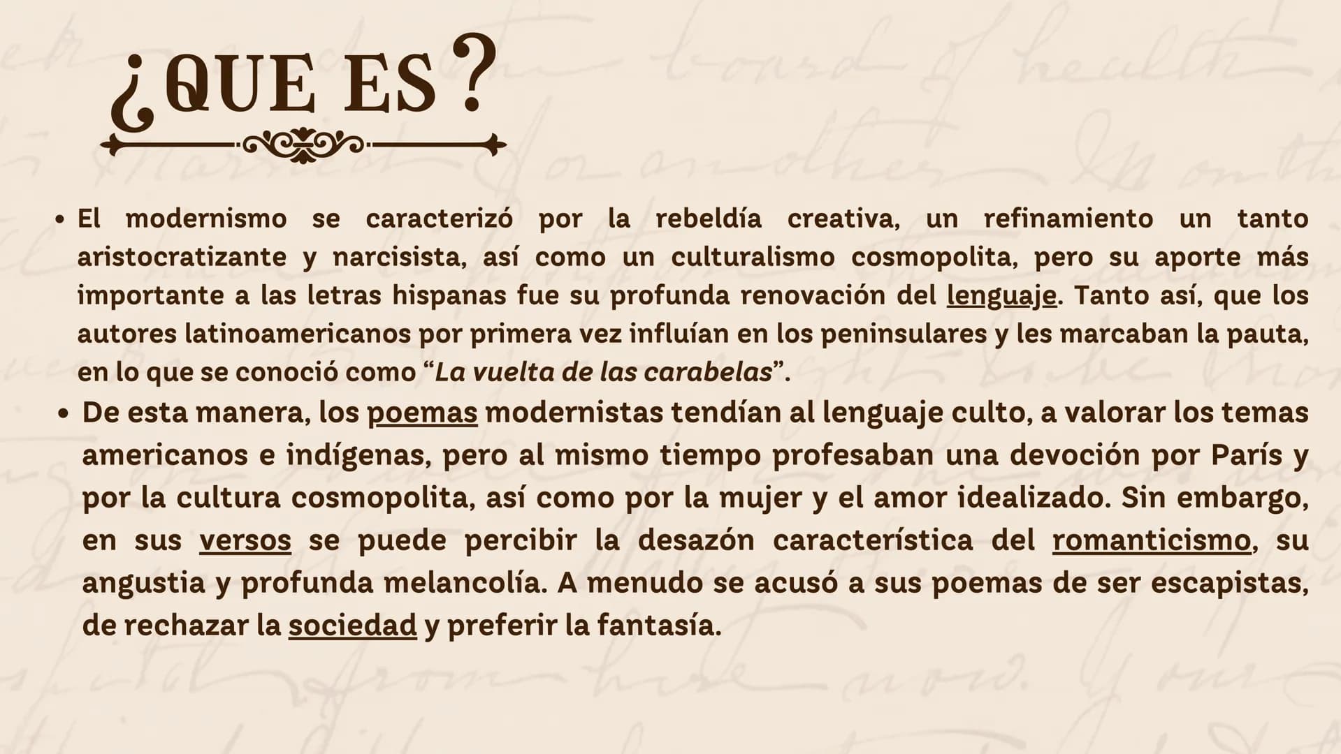 Mane HISTORIA DEL MODERNISMO
on
MODERNISMO
Malley the
now. ÍNDICE
01
donde surgio
02 ¿que es?
03 caracteristicas
04 autores
05
obras
06 dato
