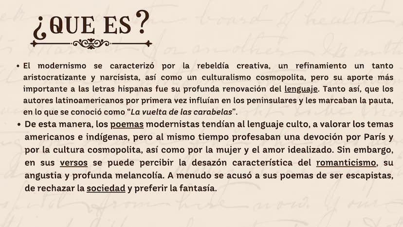 Mane HISTORIA DEL MODERNISMO
on
MODERNISMO
Malley the
now. ÍNDICE
01
donde surgio
02 ¿que es?
03 caracteristicas
04 autores
05
obras
06 dato