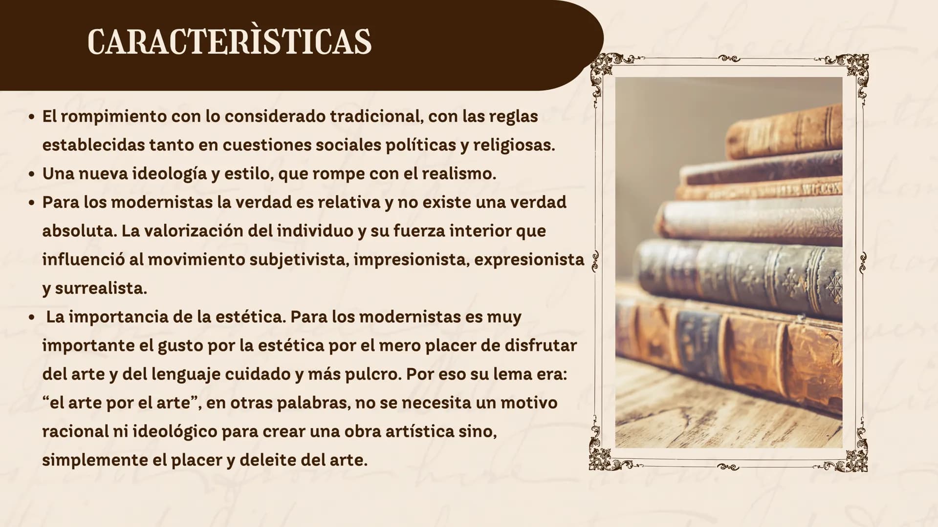 Mane HISTORIA DEL MODERNISMO
on
MODERNISMO
Malley the
now. ÍNDICE
01
donde surgio
02 ¿que es?
03 caracteristicas
04 autores
05
obras
06 dato