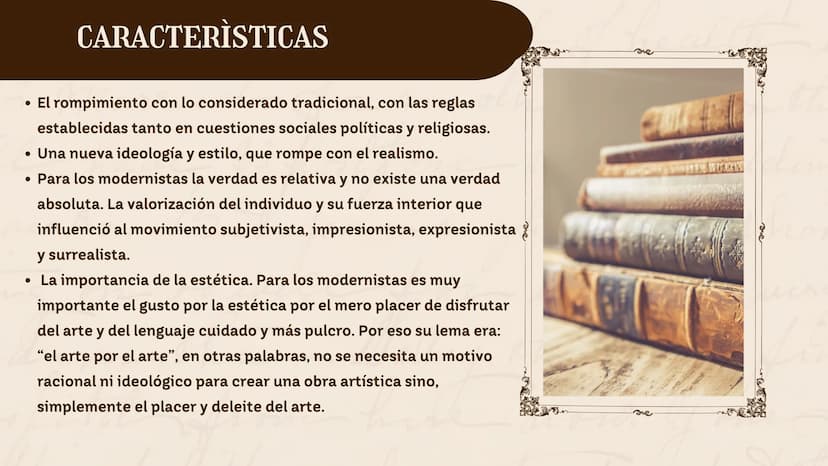 Mane HISTORIA DEL MODERNISMO
on
MODERNISMO
Malley the
now. ÍNDICE
01
donde surgio
02 ¿que es?
03 caracteristicas
04 autores
05
obras
06 dato